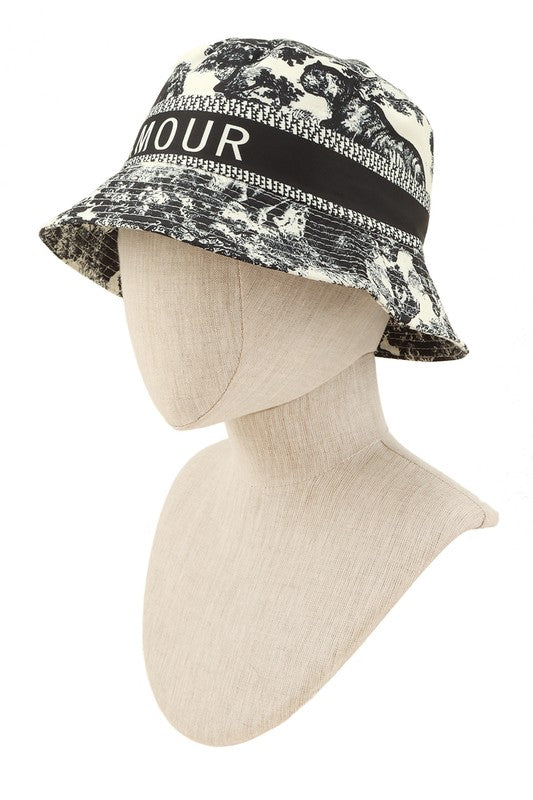 Tree And AMOUR Embroidery Bucket Hat featuring unique embroidery design and adjustable fit.