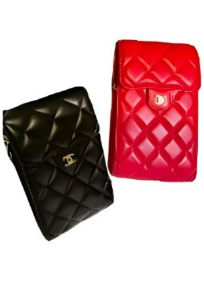 Trendy CC Phone Holder Crossbody Bag in quilted genuine leather with chain-link strap and CC button closure.