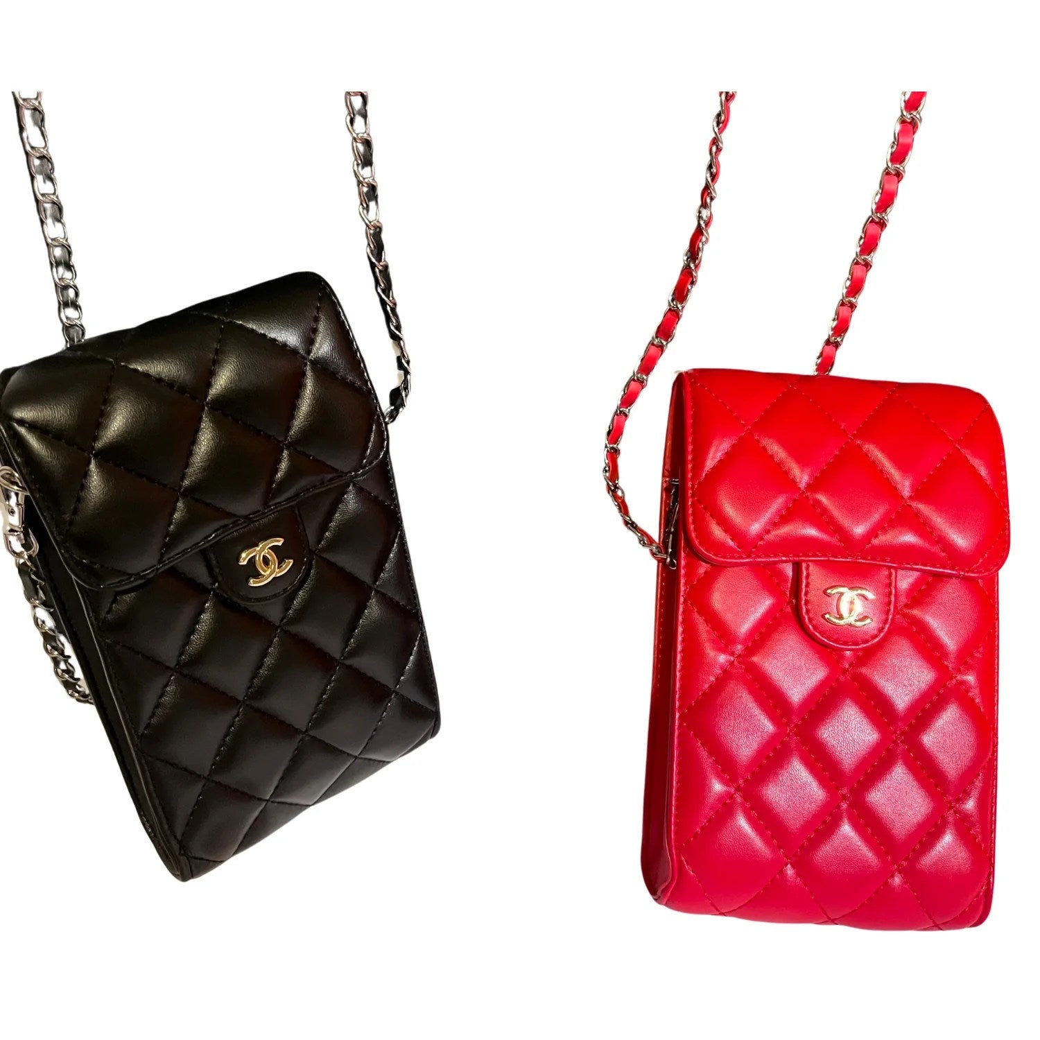 Trendy CC Phone Holder Crossbody Bag in quilted genuine leather with chain-link strap and CC button closure.