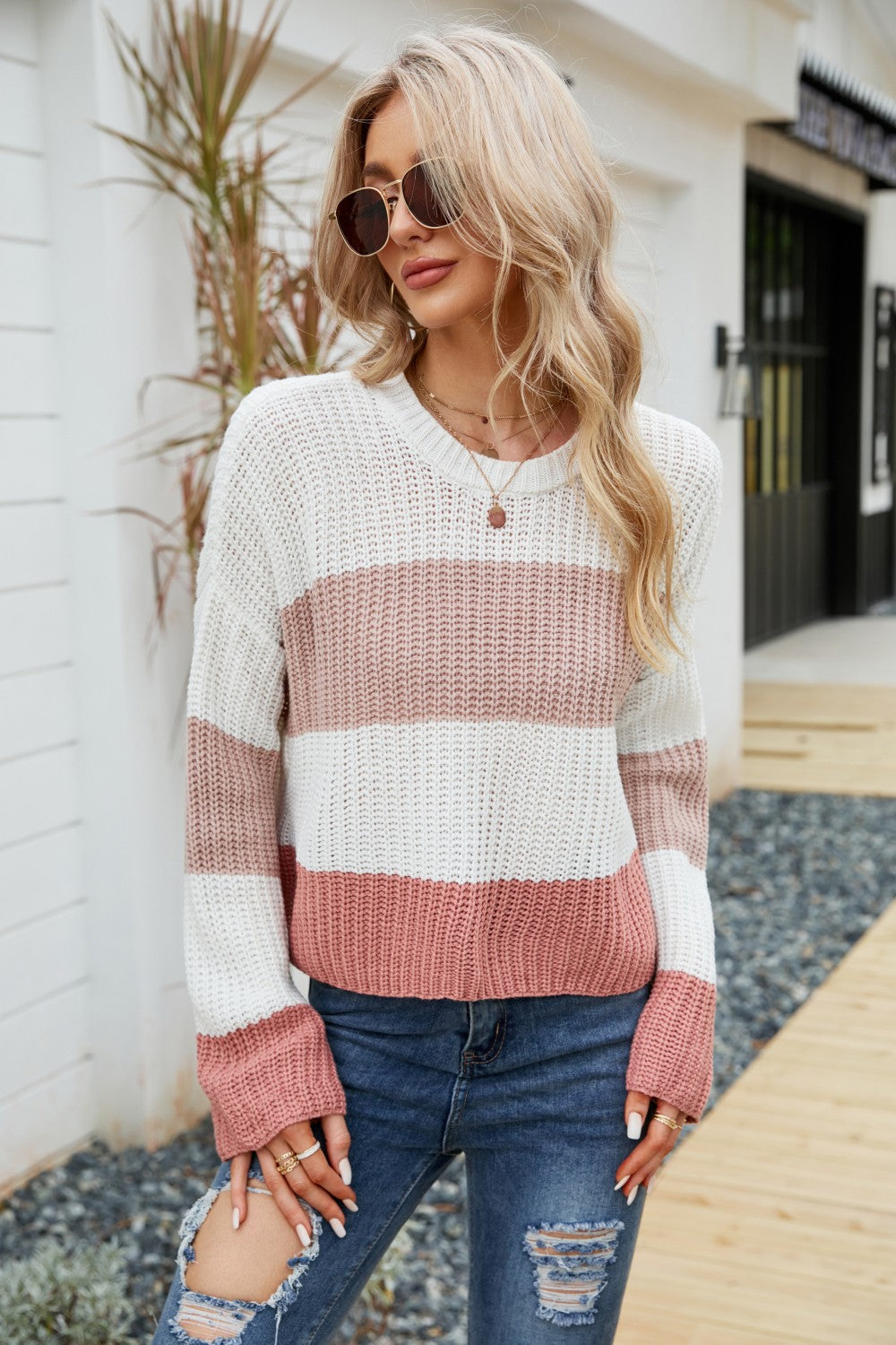 Tricolor color block round neck sweater with dropped shoulders, featuring a chic striped pattern, perfect for casual wear.