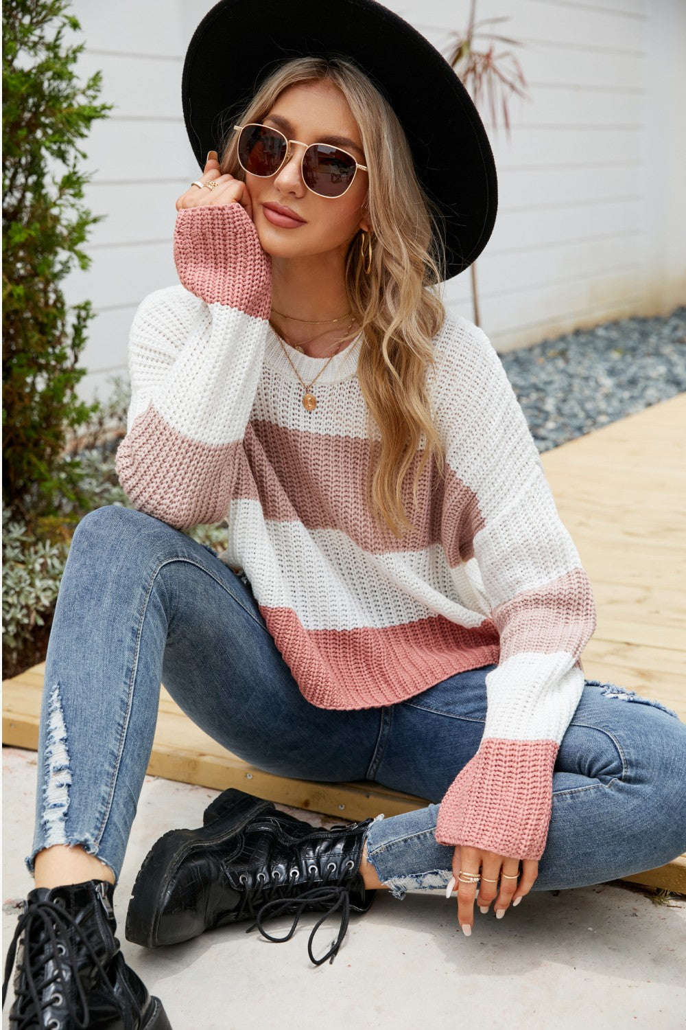 Tricolor color block round neck sweater with dropped shoulders, featuring a chic striped pattern, perfect for casual wear.