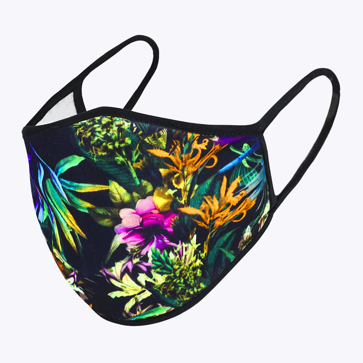 Tropical in Dark 3-Layered Face Cover featuring a vibrant tropical print design, made from polyester and cotton, suitable for unisex wear.