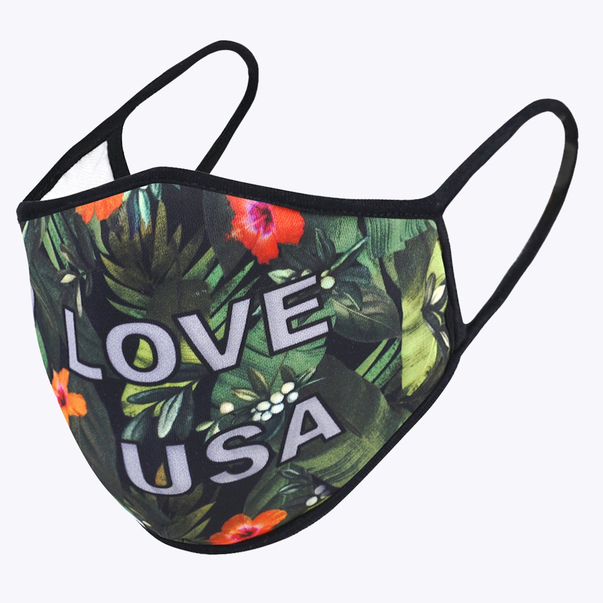 Tropical USA 3-Layered Face Cover featuring a vibrant tropical print design, made from polyester and cotton, suitable for unisex wear.