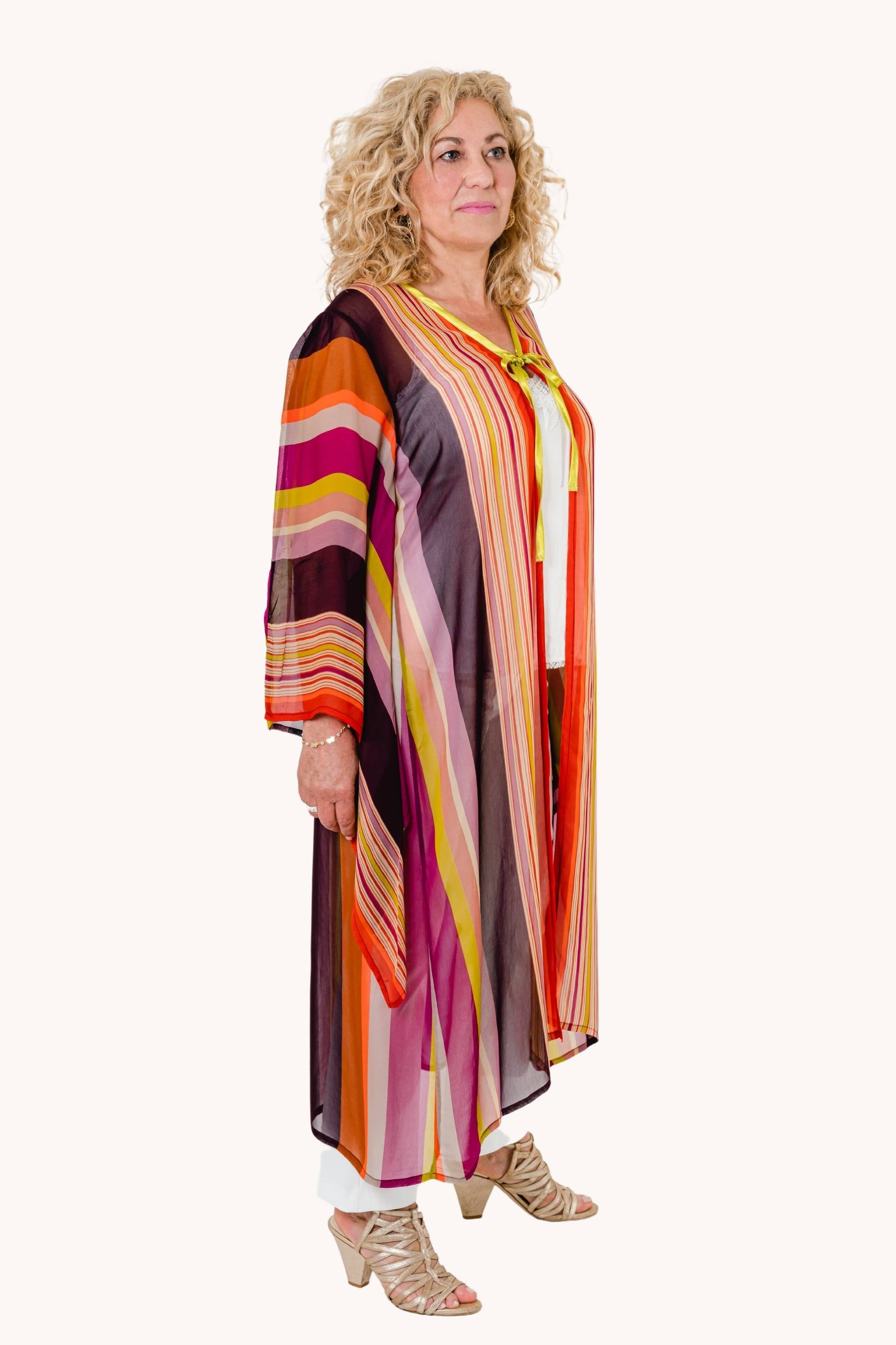 Tropidechis chiffon kimono featuring elegant stripes in a standard size, perfect for layering and stylish outfits.