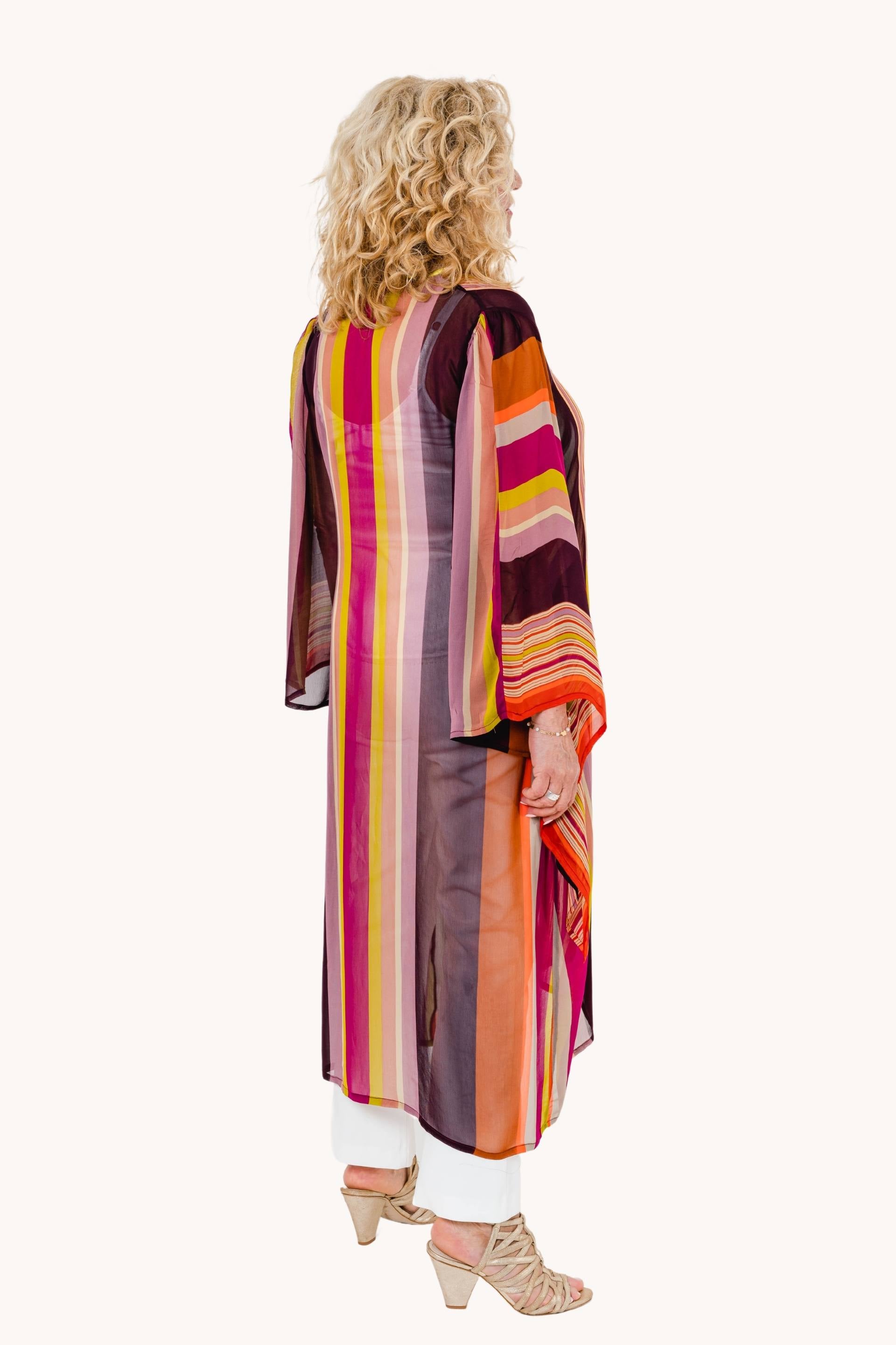 Tropidechis chiffon kimono featuring elegant stripes in a standard size, perfect for layering and stylish outfits.