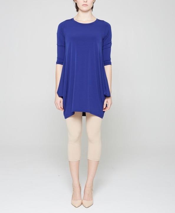 A stylish Tunic Dress featuring a scoop neck, 3/4 sleeves, and convenient side pockets, perfect for versatile wear.