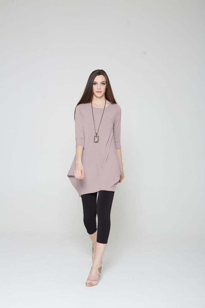 A stylish Tunic Dress featuring a scoop neck, 3/4 sleeves, and convenient side pockets, perfect for versatile wear.