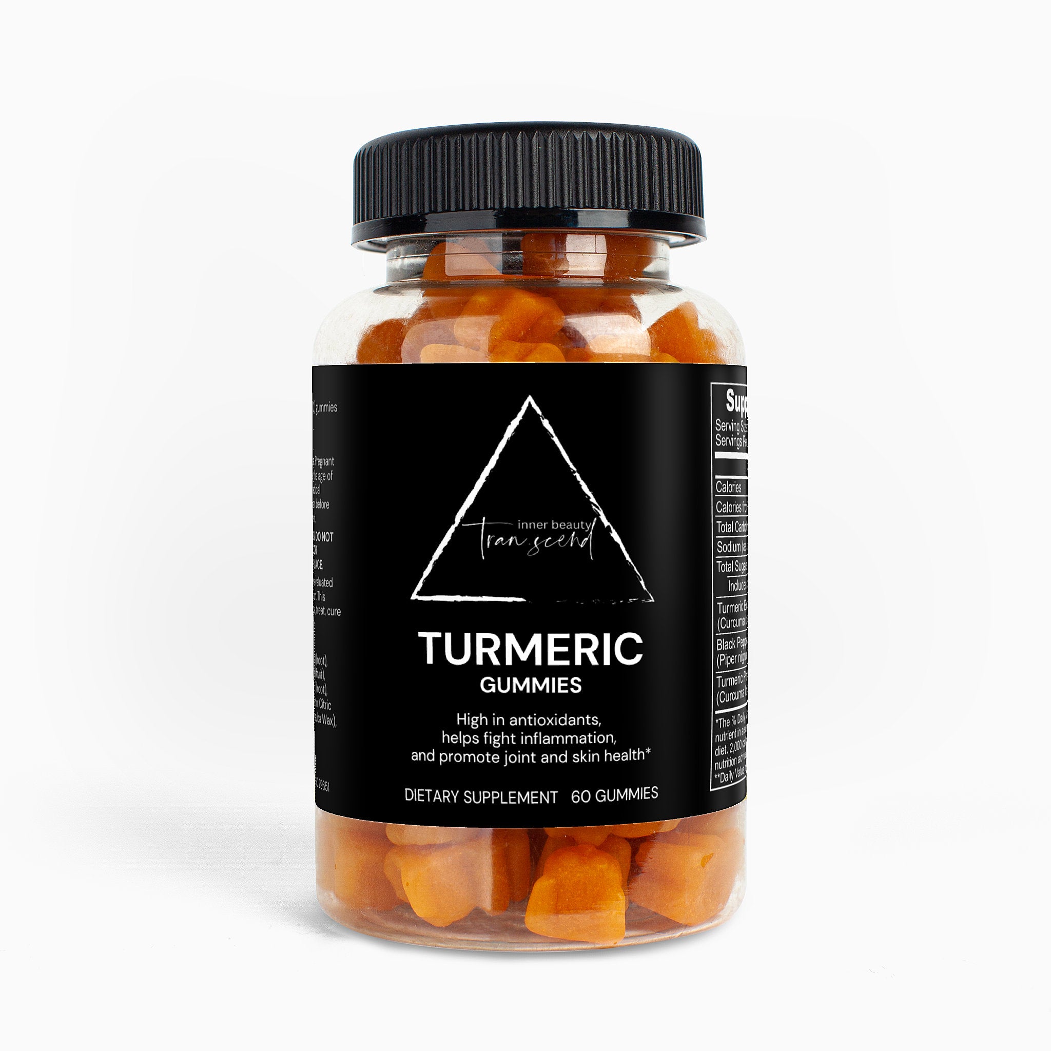 A bottle of Turmeric Gummies featuring vibrant yellow gummies shaped like bears, highlighting their antioxidant and anti-inflammatory benefits.