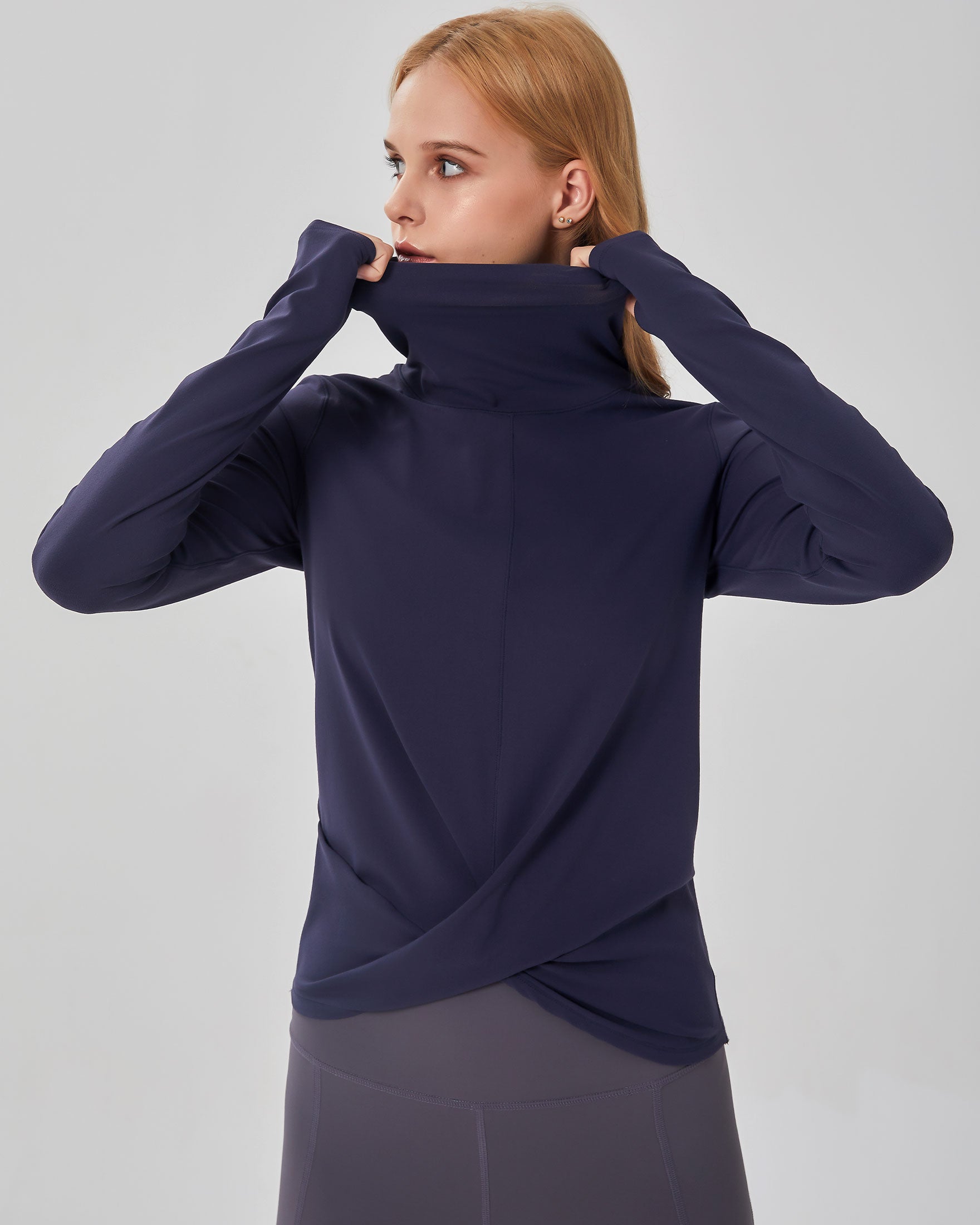 Turtle Cowl Neck Coziplex™ Long Sleeve in soft textured fabric, featuring a stylish design with thumbholes and mid-length crop.