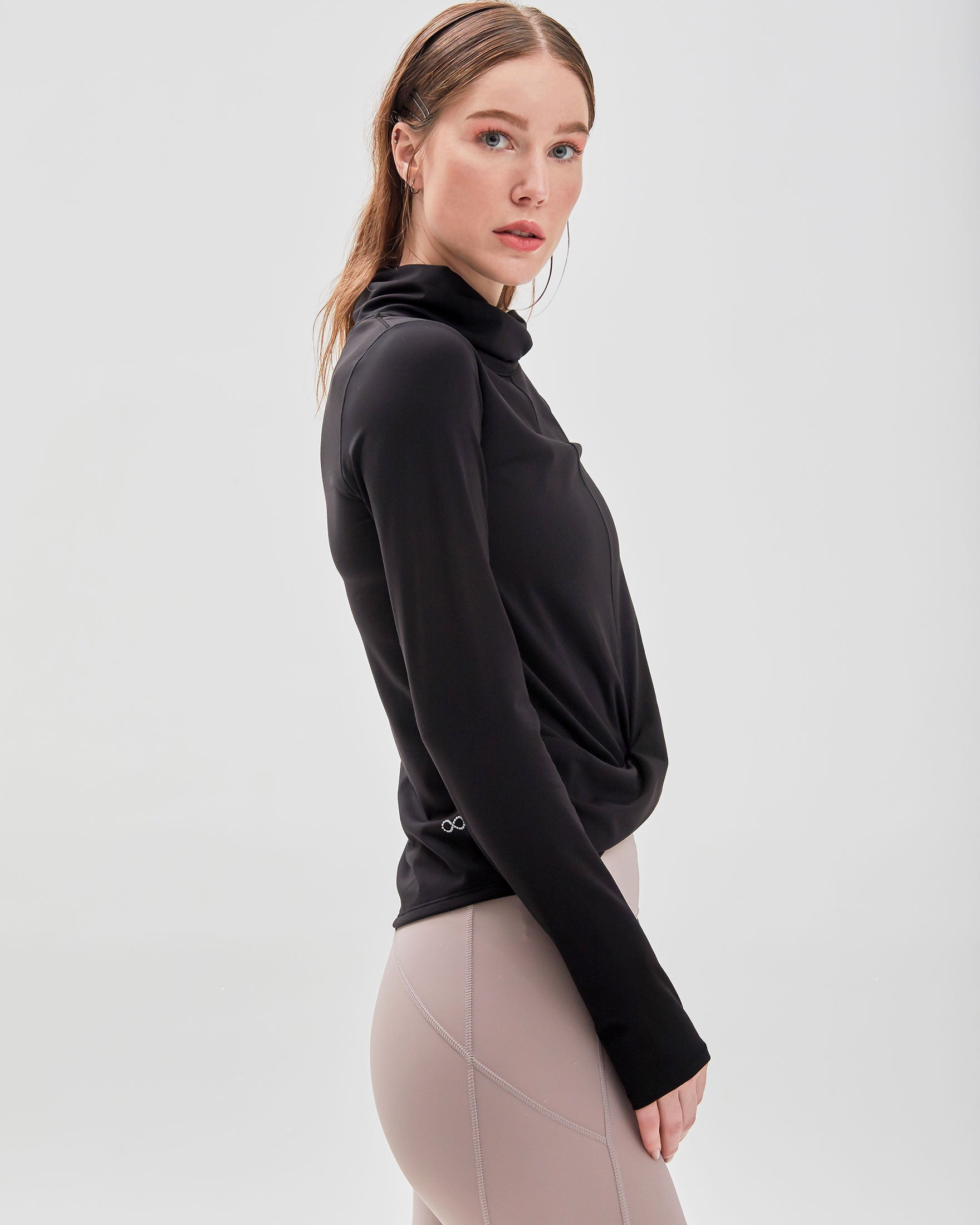 Turtle Cowl Neck Coziplex™ Long Sleeve in soft textured fabric, featuring a stylish design with thumbholes and mid-length crop.