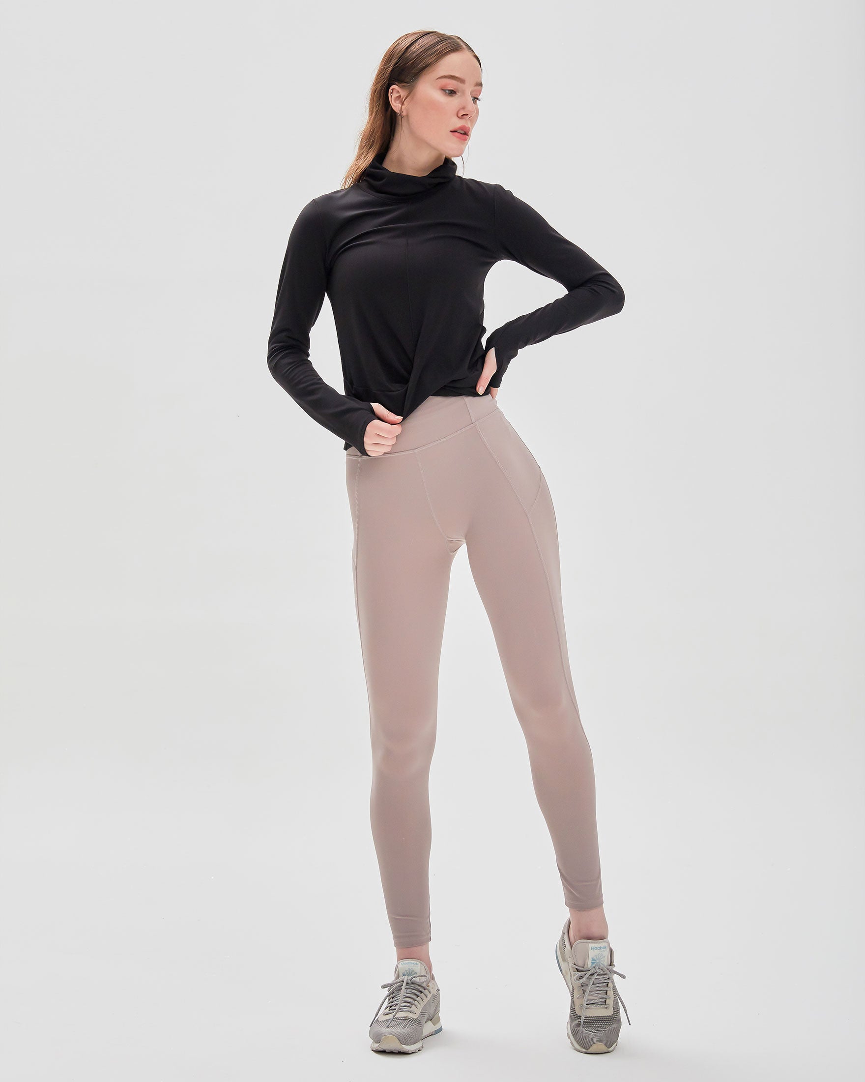 Turtle Cowl Neck Coziplex™ Long Sleeve in soft textured fabric, featuring a stylish design with thumbholes and mid-length crop.