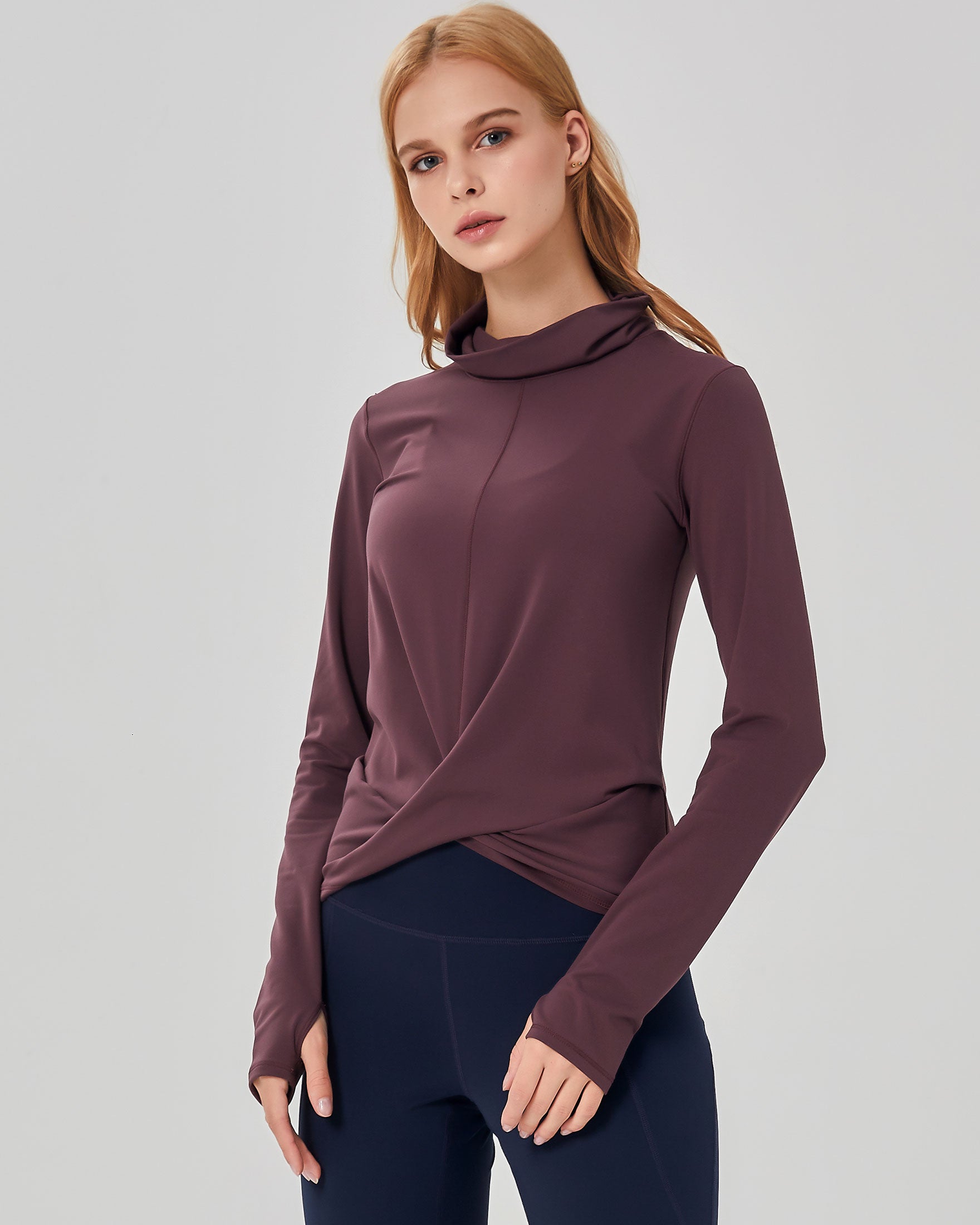 Turtle Cowl Neck Coziplex™ Long Sleeve in soft textured fabric, featuring a stylish design with thumbholes and mid-length crop.