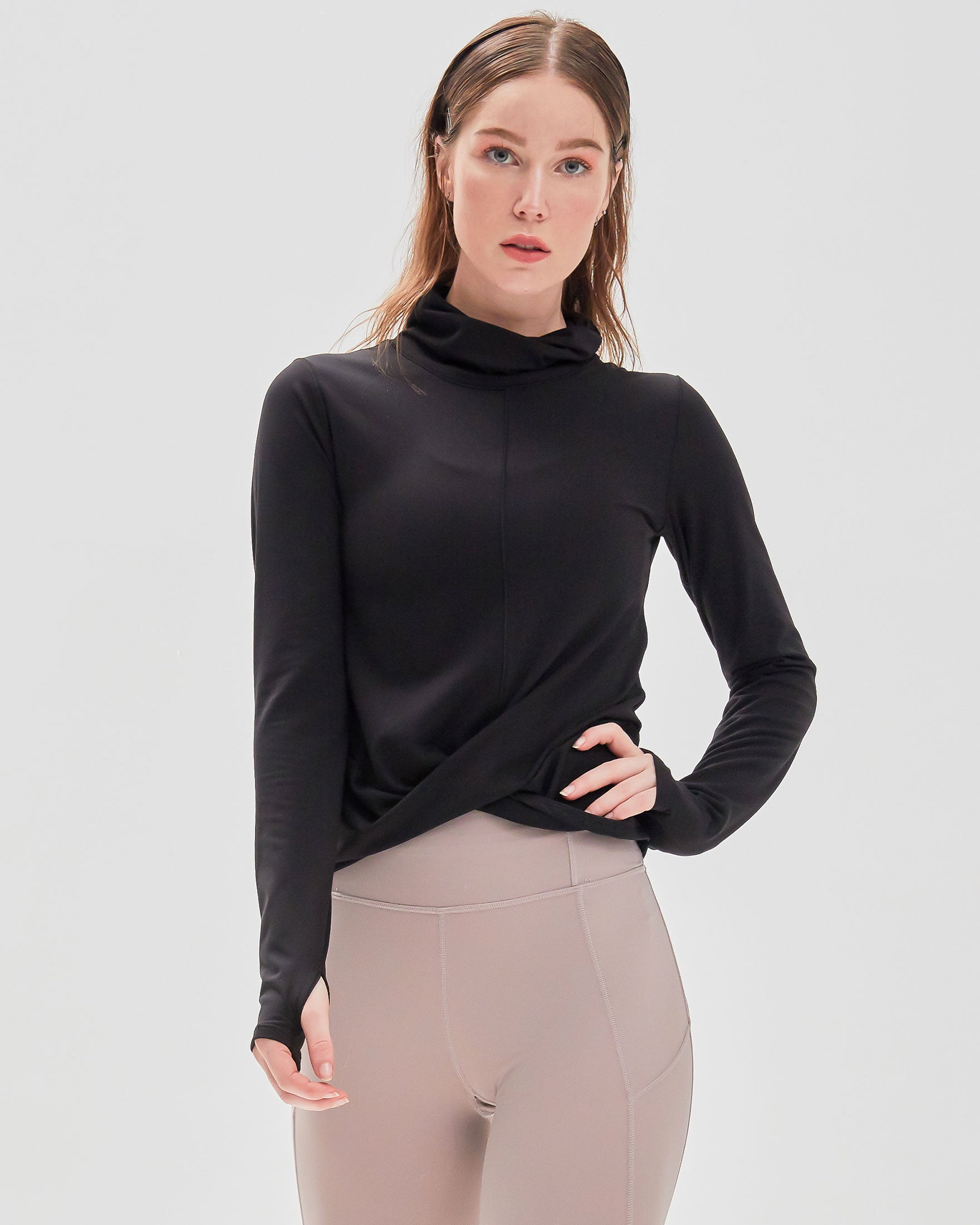 Turtle Cowl Neck Coziplex™ Long Sleeve in soft textured fabric, featuring a stylish design with thumbholes and mid-length crop.