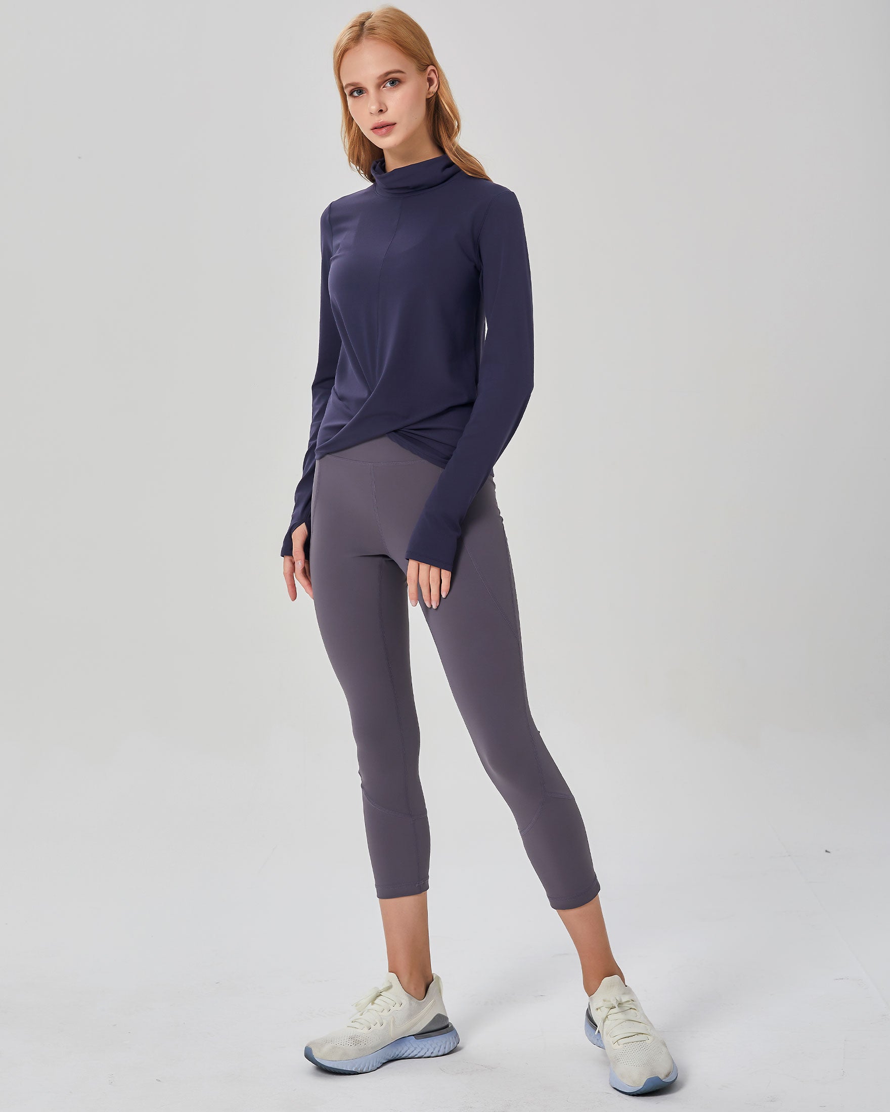 Turtle Cowl Neck Coziplex™ Long Sleeve in soft textured fabric, featuring a stylish design with thumbholes and mid-length crop.