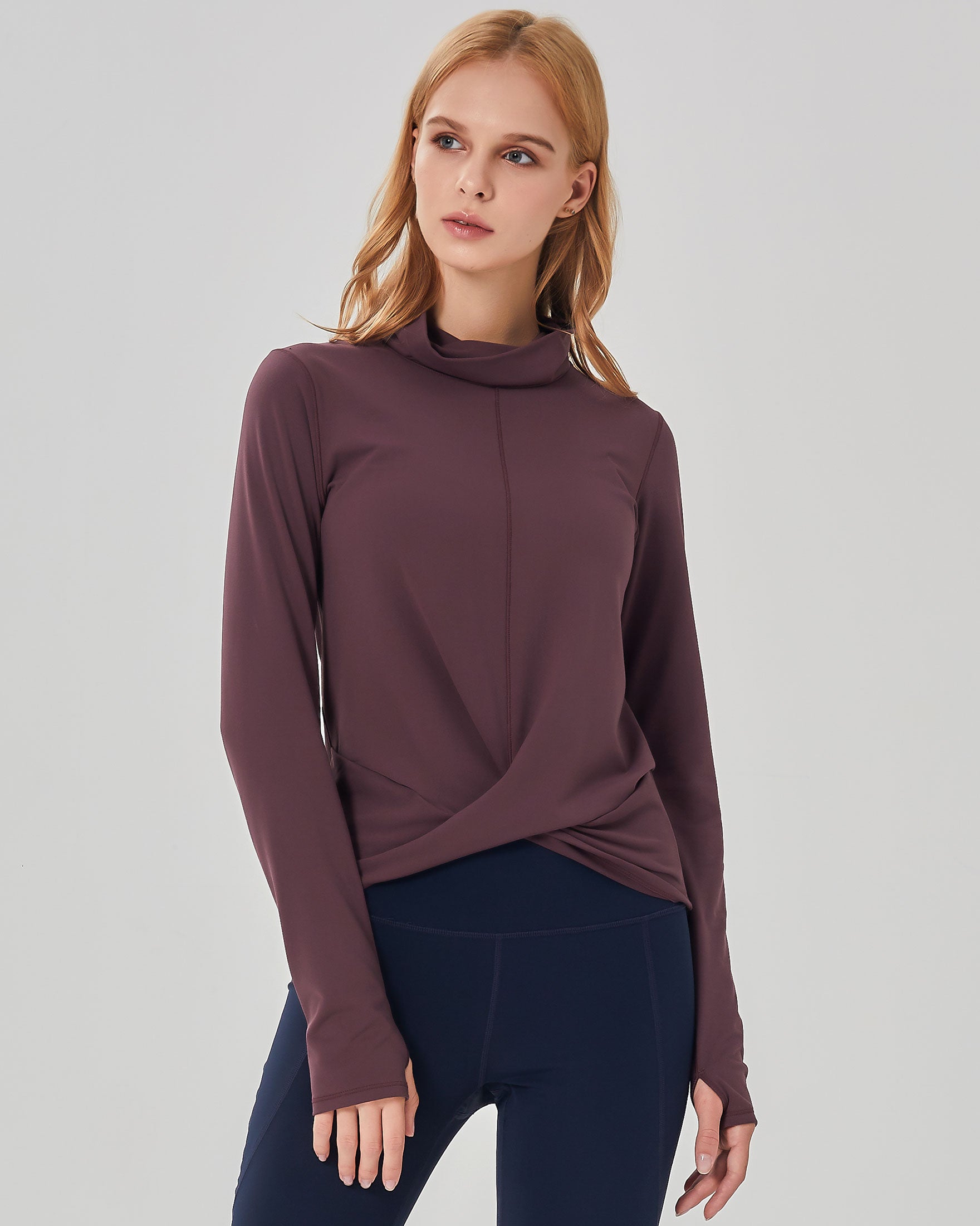 Turtle Cowl Neck Coziplex™ Long Sleeve in soft textured fabric, featuring a stylish design with thumbholes and mid-length crop.