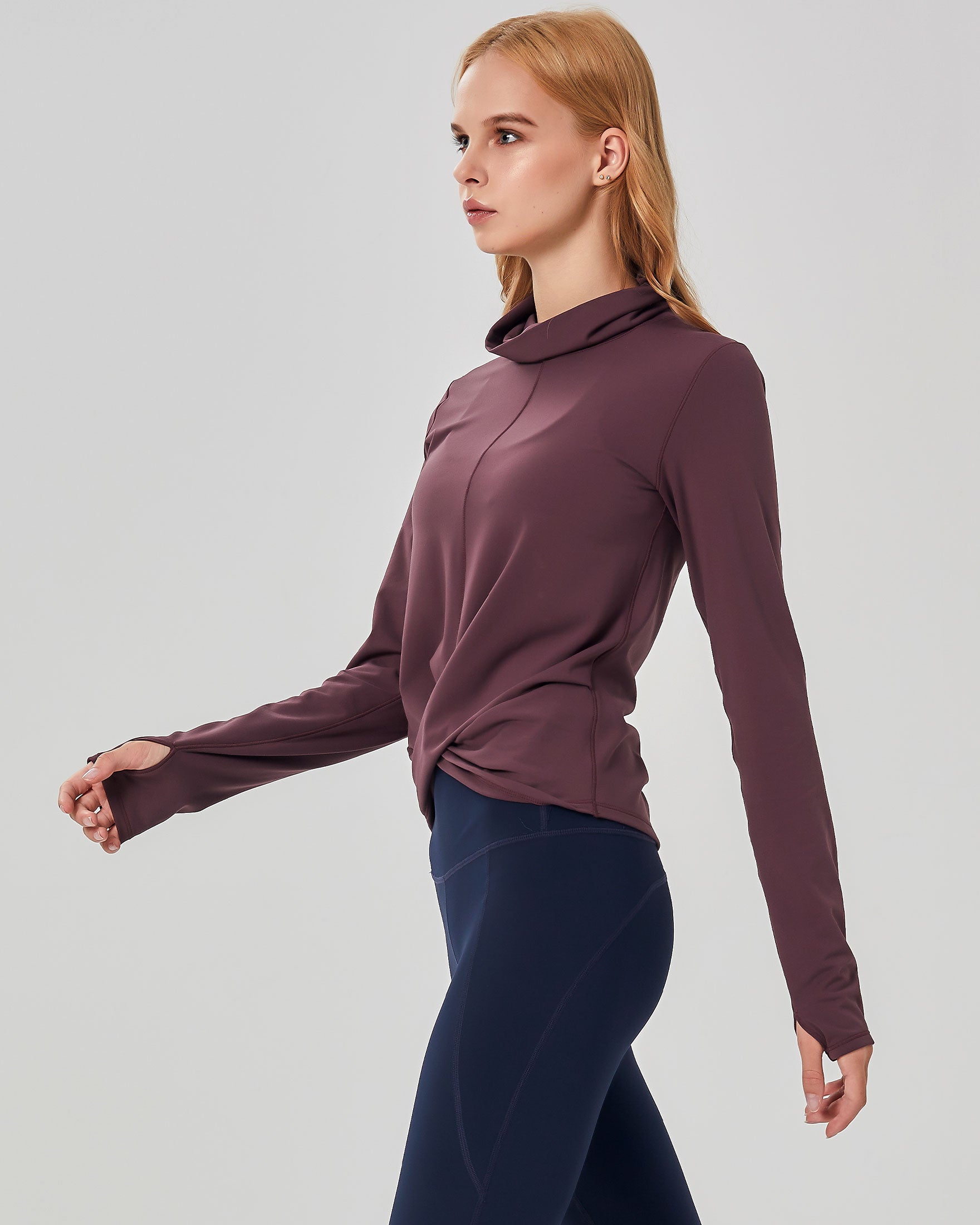 Turtle Cowl Neck Coziplex™ Long Sleeve in soft textured fabric, featuring a stylish design with thumbholes and mid-length crop.