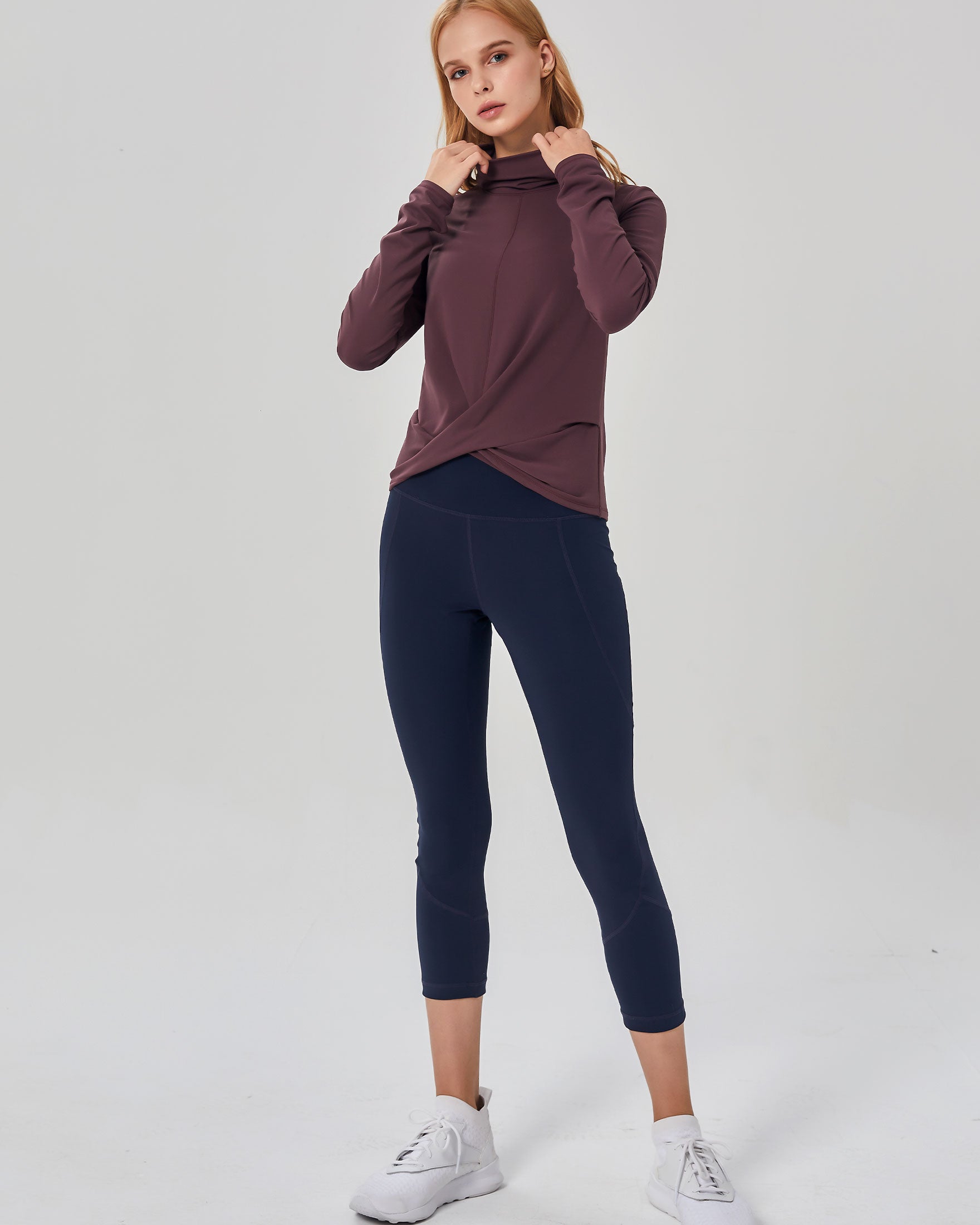 Turtle Cowl Neck Coziplex™ Long Sleeve in soft textured fabric, featuring a stylish design with thumbholes and mid-length crop.