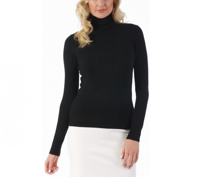 A stylish turtleneck sweater featuring ribbed cuffs and hem, perfect for layering and keeping warm during colder months.