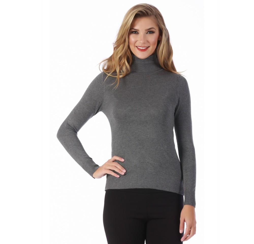 A stylish turtleneck sweater featuring ribbed cuffs and hem, perfect for layering and keeping warm during colder months.