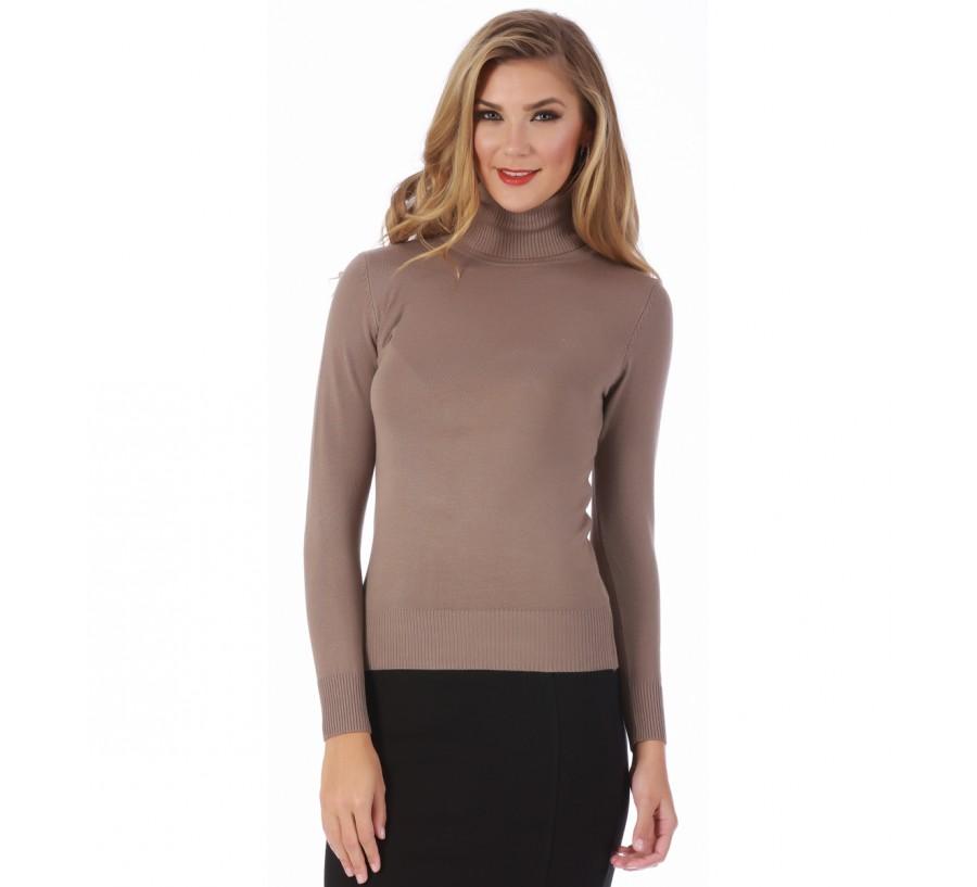 A stylish turtleneck sweater featuring ribbed cuffs and hem, perfect for layering and keeping warm during colder months.