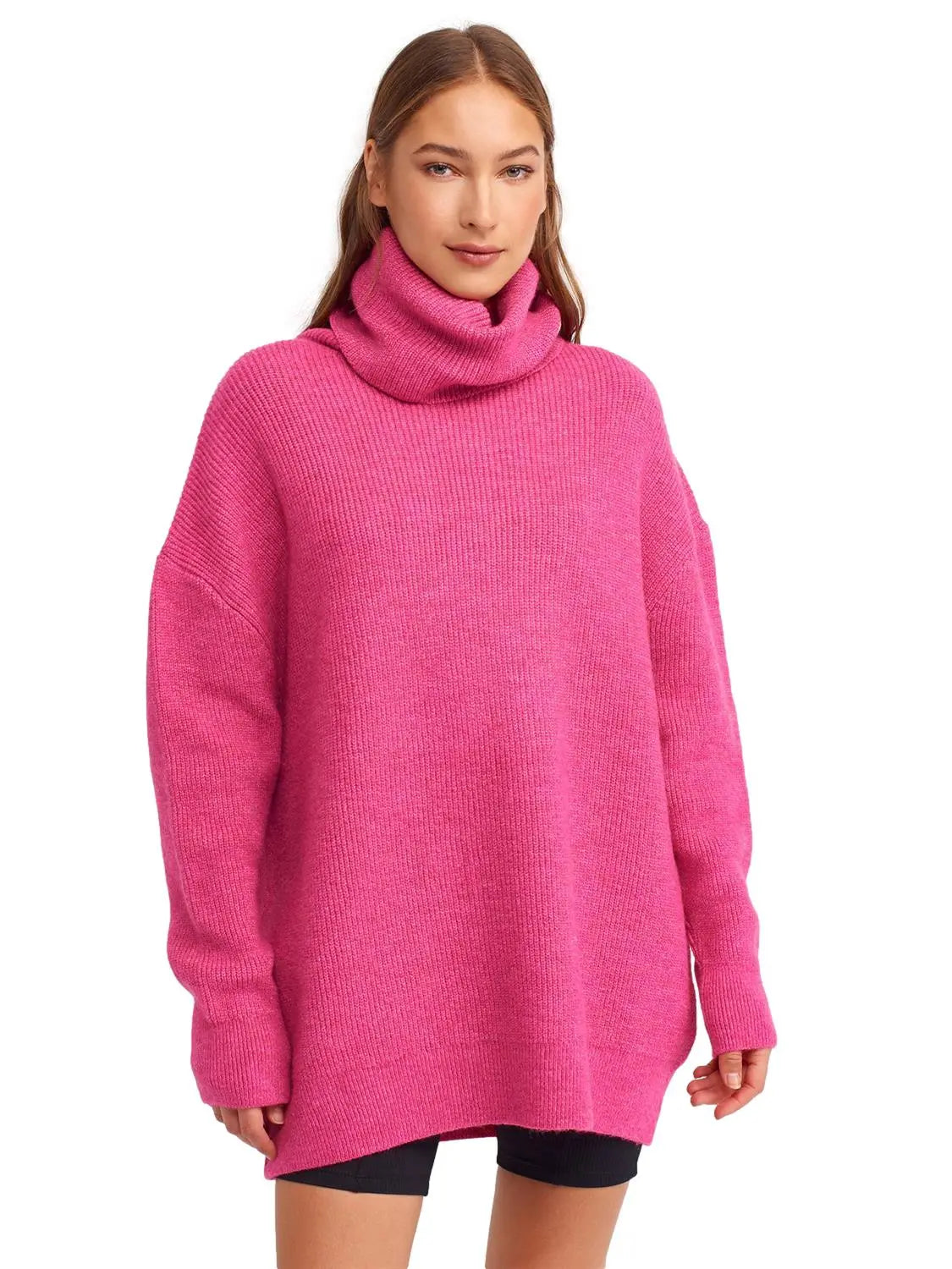 A cozy Turtleneck Wide Sweater in a soft acrylic-polyester blend, featuring a relaxed fit and stylish turtleneck design.