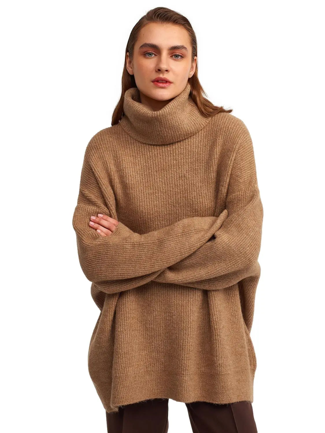 A cozy Turtleneck Wide Sweater in a soft acrylic-polyester blend, featuring a relaxed fit and stylish turtleneck design.