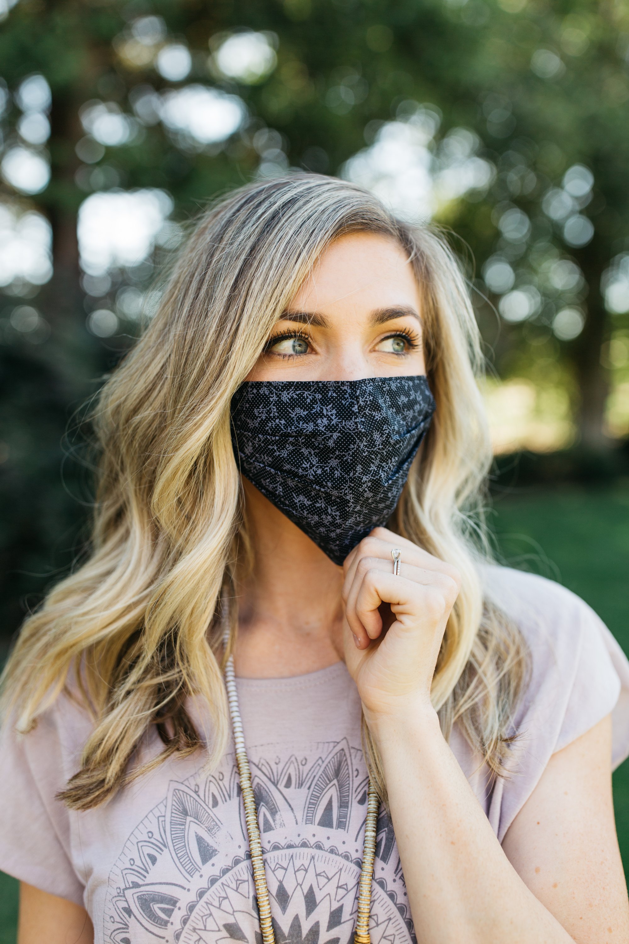 Tuscany Face Mask made of 100% cotton, featuring a stylish print, pleats for comfort, and a pocket for filter insertion.