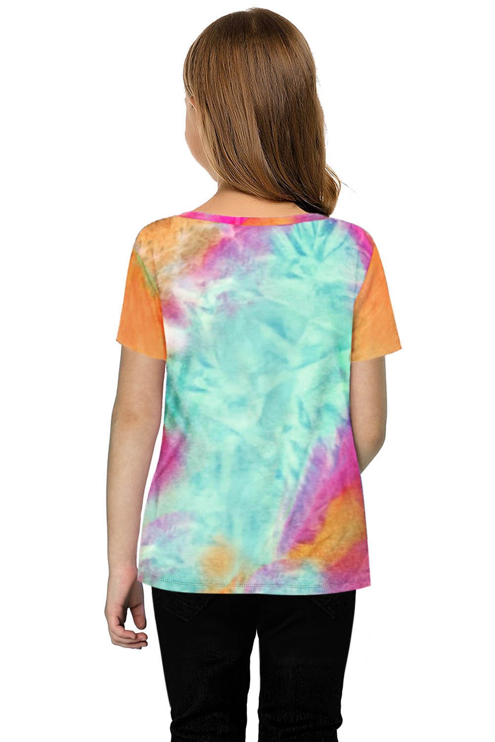 Twisted Tie-dye Little Girls T-shirt featuring a chic twist knot detail at the hemline, vibrant tie-dye colors, and short sleeves.