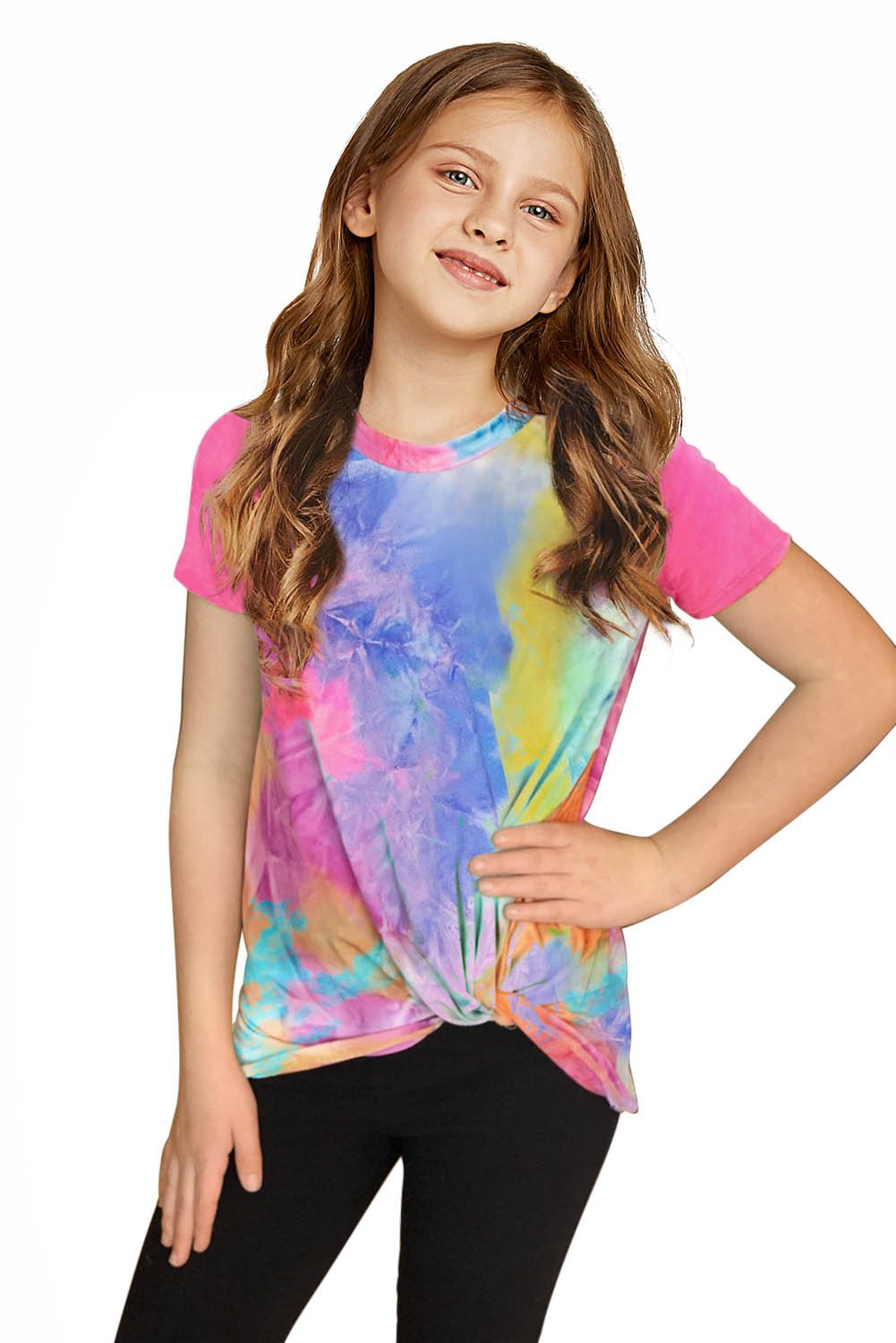 Twisted Tie-dye Little Girls T-shirt featuring a chic twist knot detail at the hemline, vibrant tie-dye colors, and short sleeves.