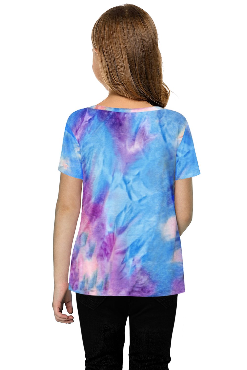 Twisted Tie-dye Little Girls T-shirt featuring a chic twist knot detail at the hemline, vibrant tie-dye colors, and short sleeves.