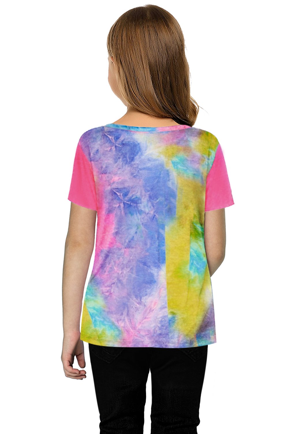 Twisted Tie-dye Little Girls T-shirt featuring a chic twist knot detail at the hemline, vibrant tie-dye colors, and short sleeves.