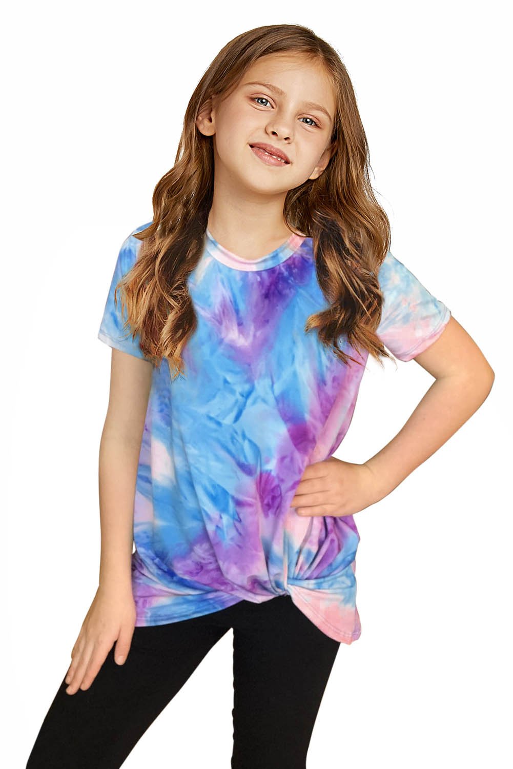 Twisted Tie-dye Little Girls T-shirt featuring a chic twist knot detail at the hemline, vibrant tie-dye colors, and short sleeves.