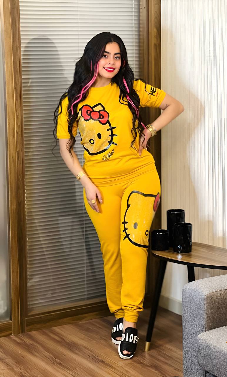 Two Piece Cartoon Shirt and Jogger Pants Set featuring cute kitty cartoon characters, perfect for cat lovers.