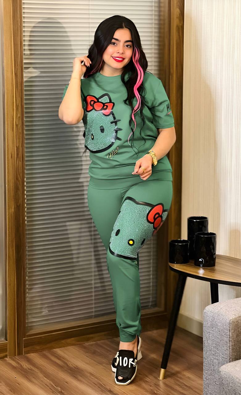 Two Piece Cartoon Shirt and Jogger Pants Set featuring cute kitty cartoon characters, perfect for cat lovers.