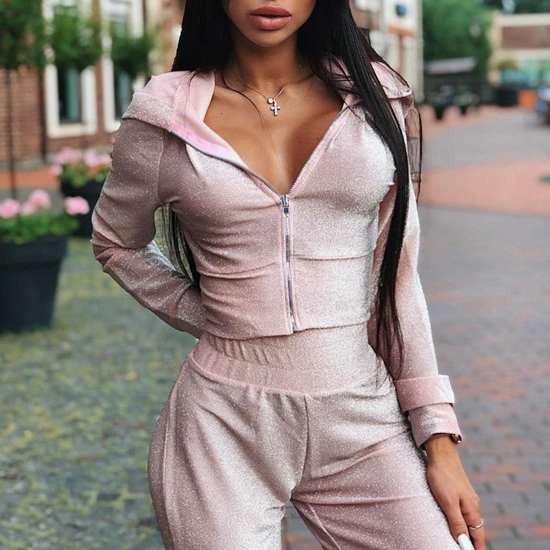 Glamaker women's two-piece suit hoodie overalls jumpsuit romper in solid color, showcasing a stylish and sexy design.