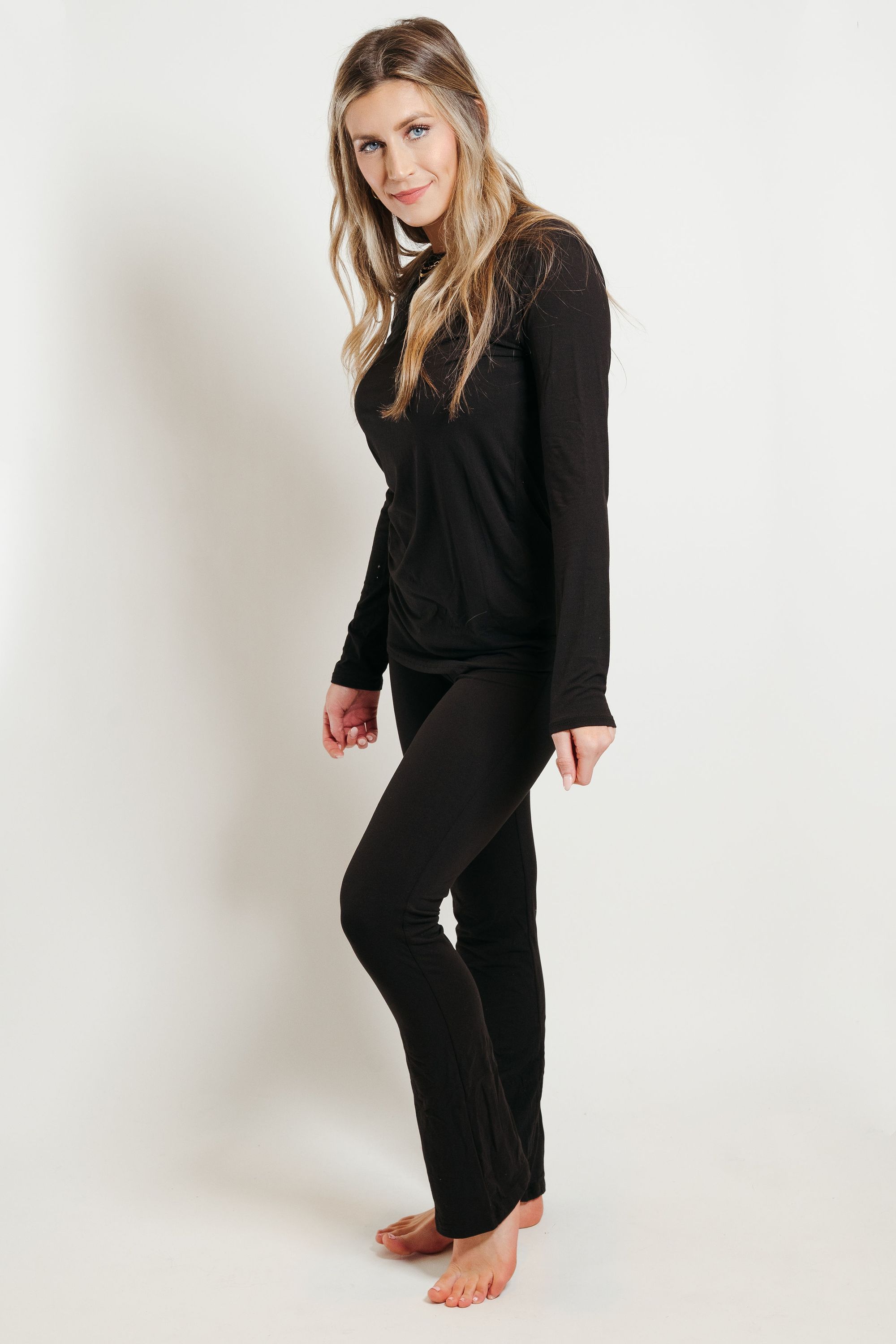 Ultra Soft Flair Pant Set in Black, featuring a stylish and comfortable design made from soft fabric, perfect for casual wear.