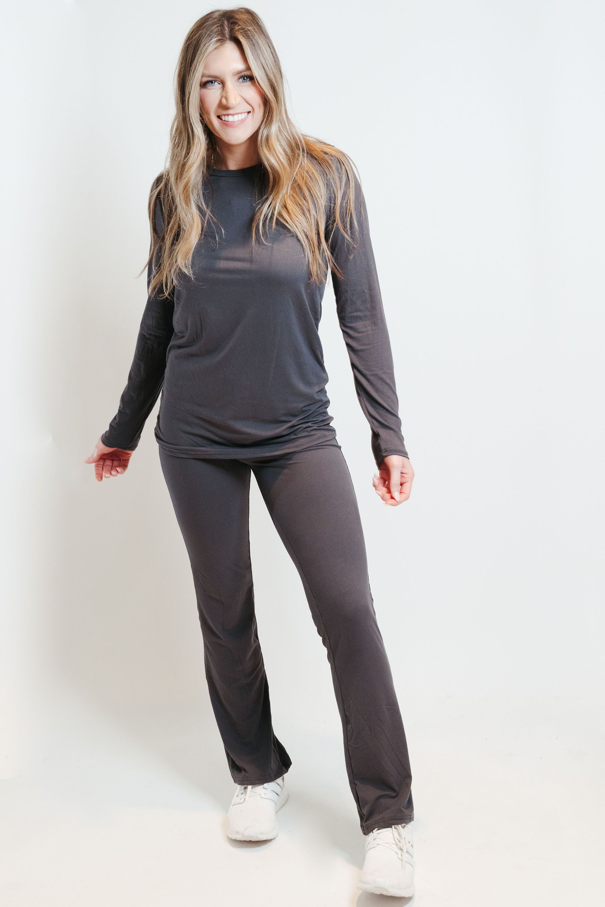 Ultra Soft Flair Pant Set in Charcoal, featuring a soft and lightweight design perfect for casual styling.