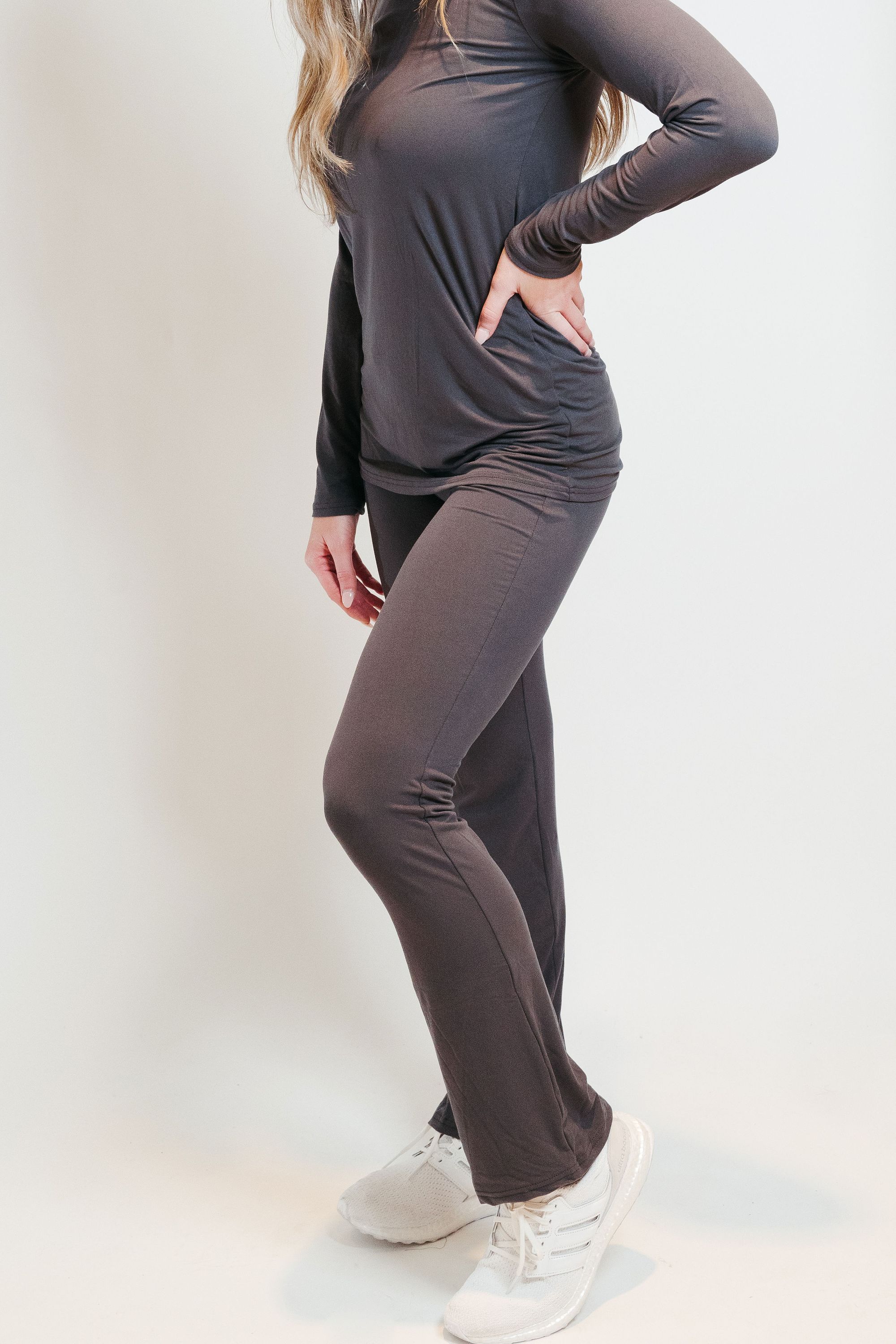 Ultra Soft Flair Pant Set in Charcoal, featuring a soft and lightweight design perfect for casual styling.