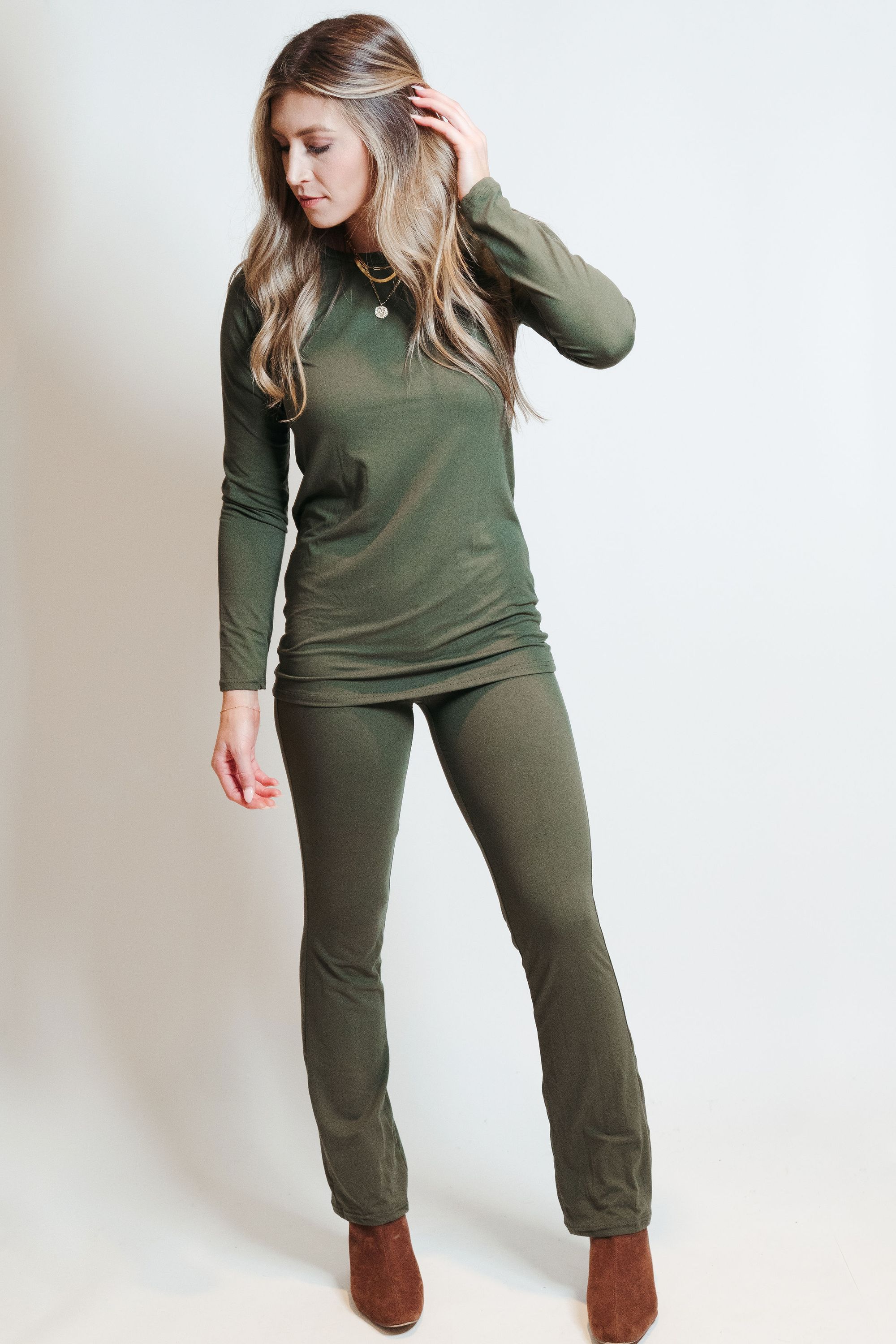 Ultra Soft Flair Pant Set in Olive, featuring a stylish and comfortable design made from soft fabric.