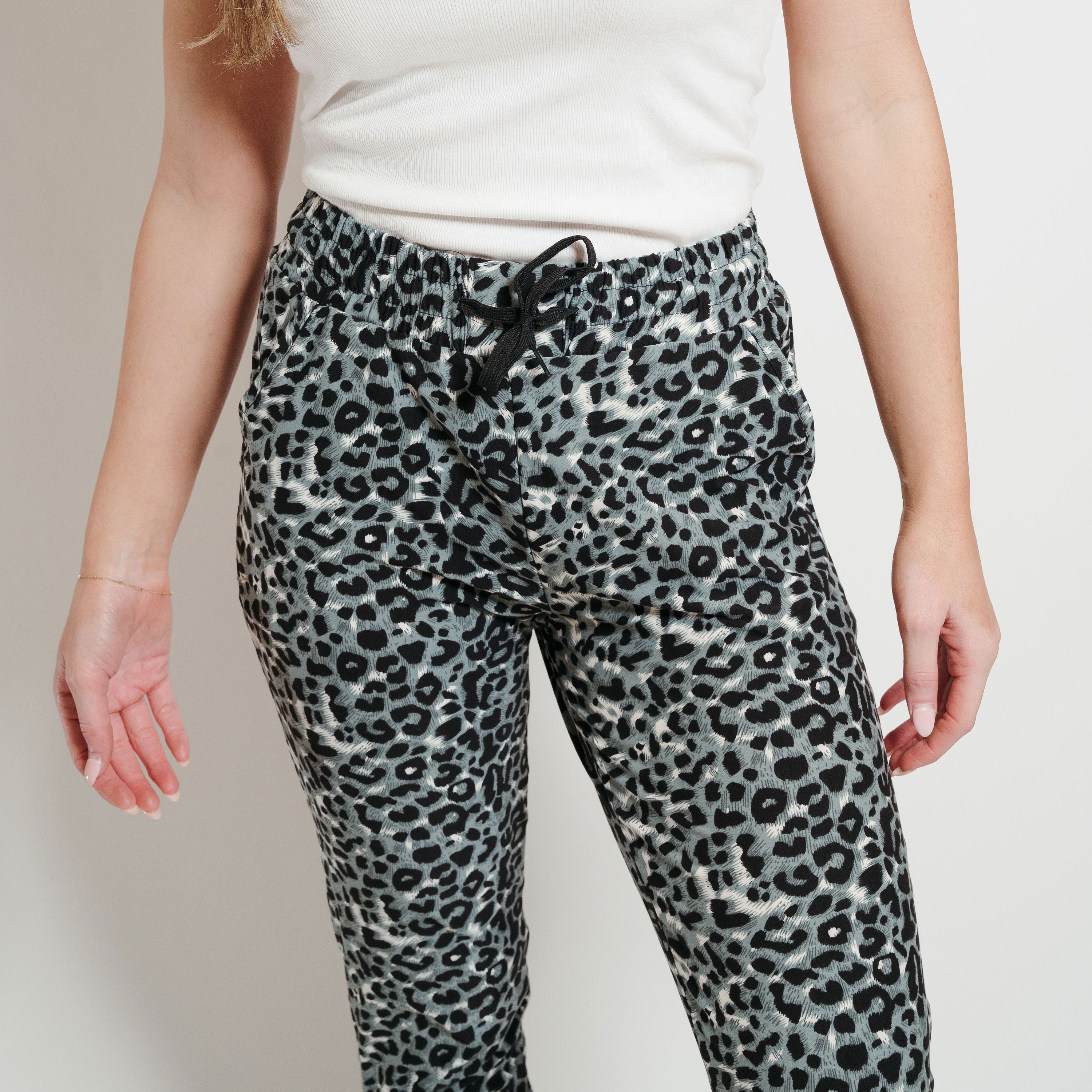 A pair of ultra-soft gray leopard joggers, showcasing a stylish print and comfortable fit, perfect for lounging or casual outings.