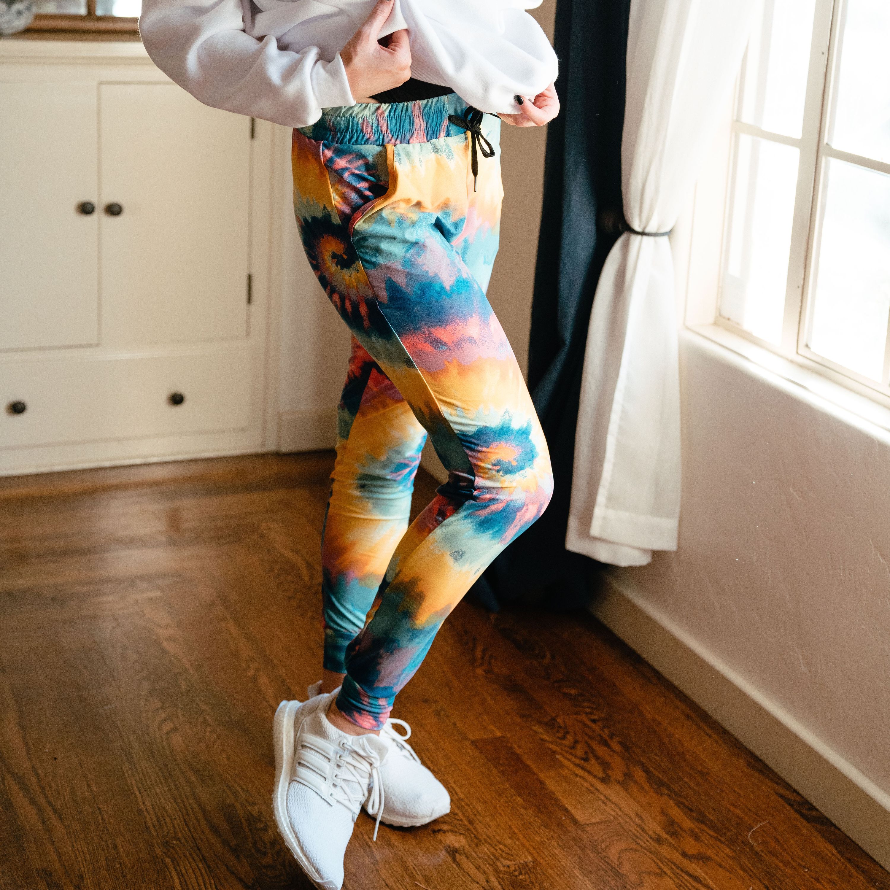 Ultra Soft Joggers Rainbow featuring a vibrant rainbow design, made from soft polyester and spandex blend for ultimate comfort.