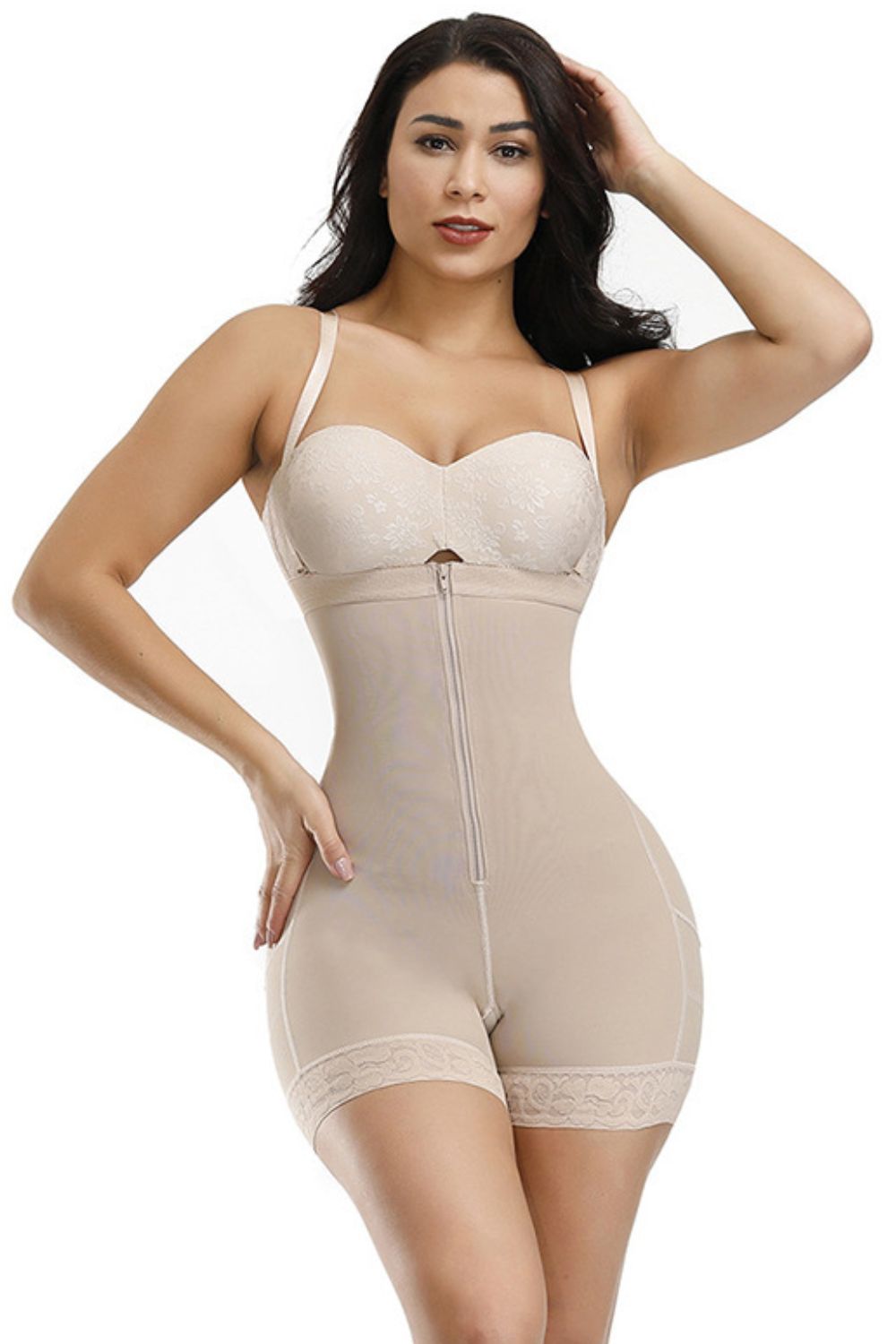 Under-Bust Zip-Up Shapewear with Shorts in solid color, showcasing its zipper and lace features, designed for comfort and style.