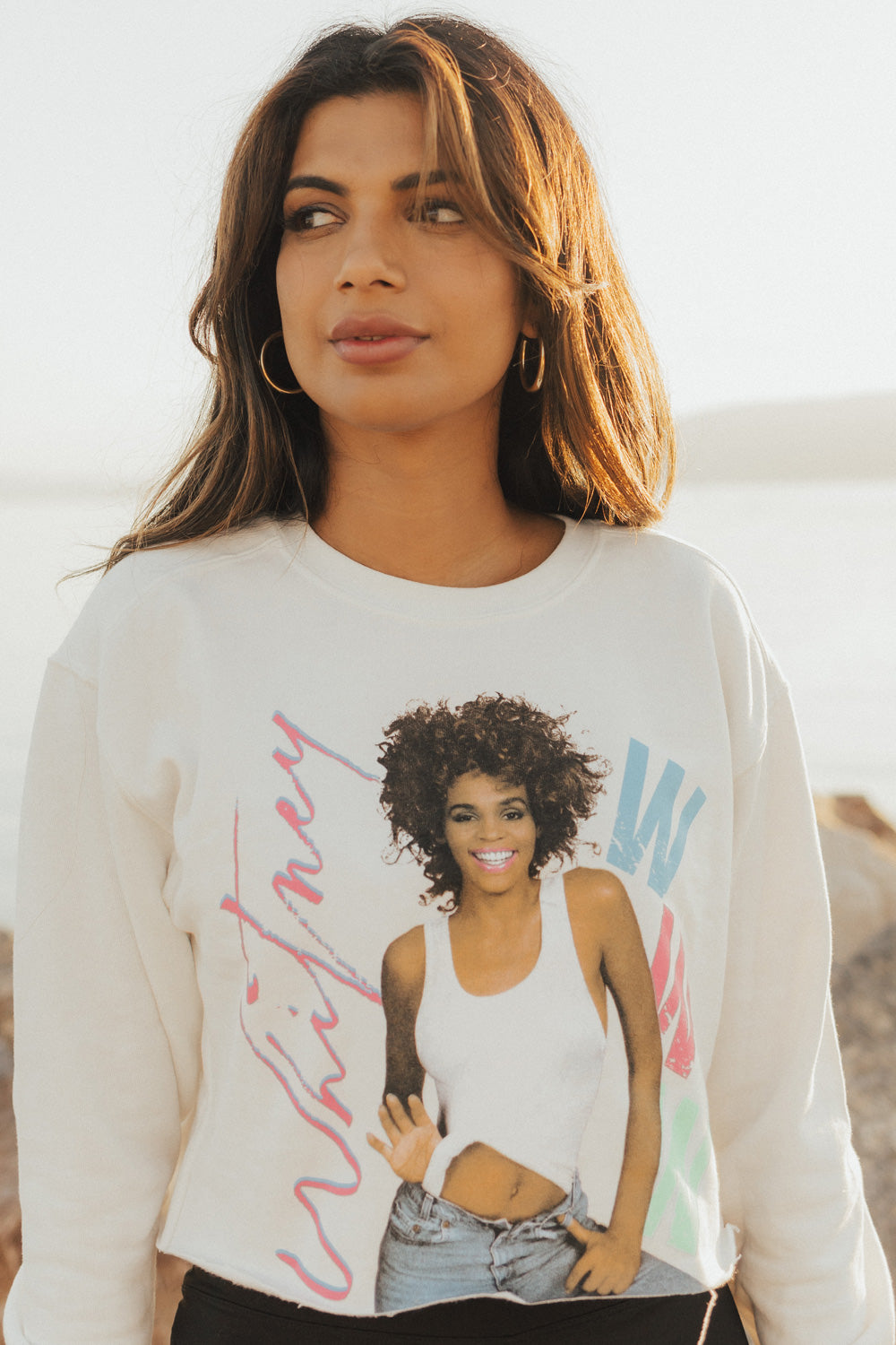 Upcycle The Voice Whitney Houston Sweatshirt in vintage white, featuring long sleeves and eco-friendly materials.