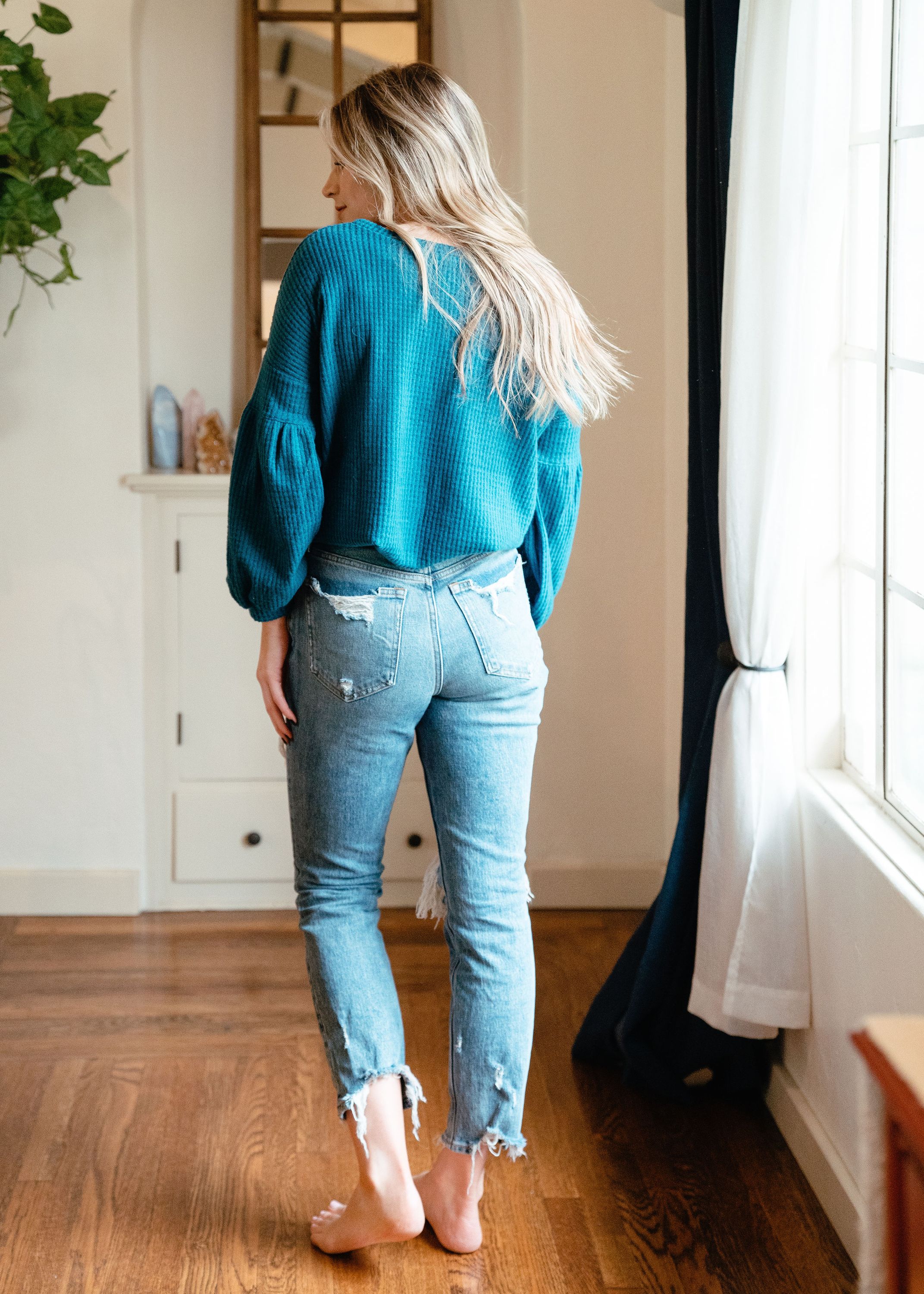 Urban Cozy Blouse in Teal featuring textured fabric and cuffed sleeves, perfect for casual styling.