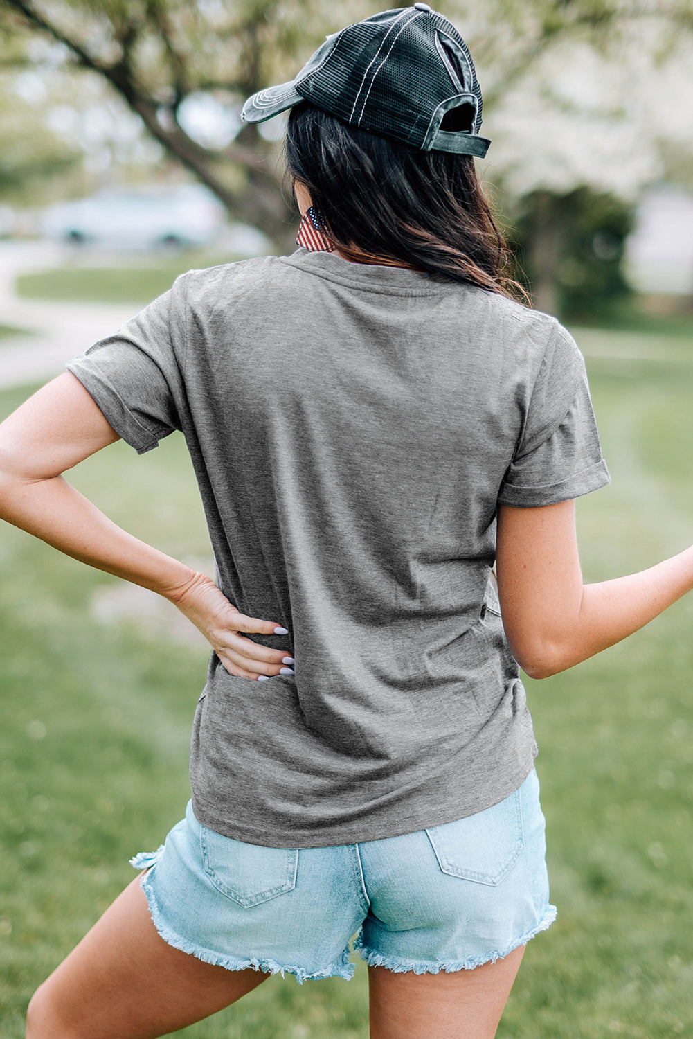 US Flag Graphic Cuffed Sleeve Tee featuring a stylish graphic design, round neck, and short cuffed sleeves, perfect for casual wear.