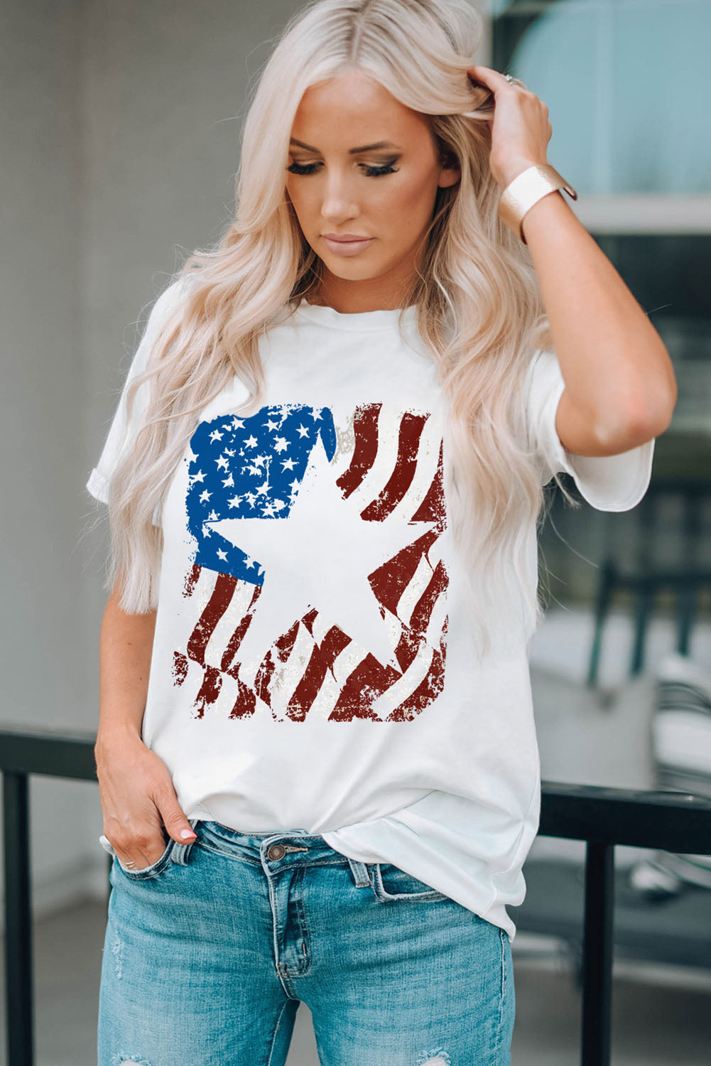 US Flag Graphic Round Neck Tee featuring a vibrant flag design, short sleeves, and a comfortable round neckline.