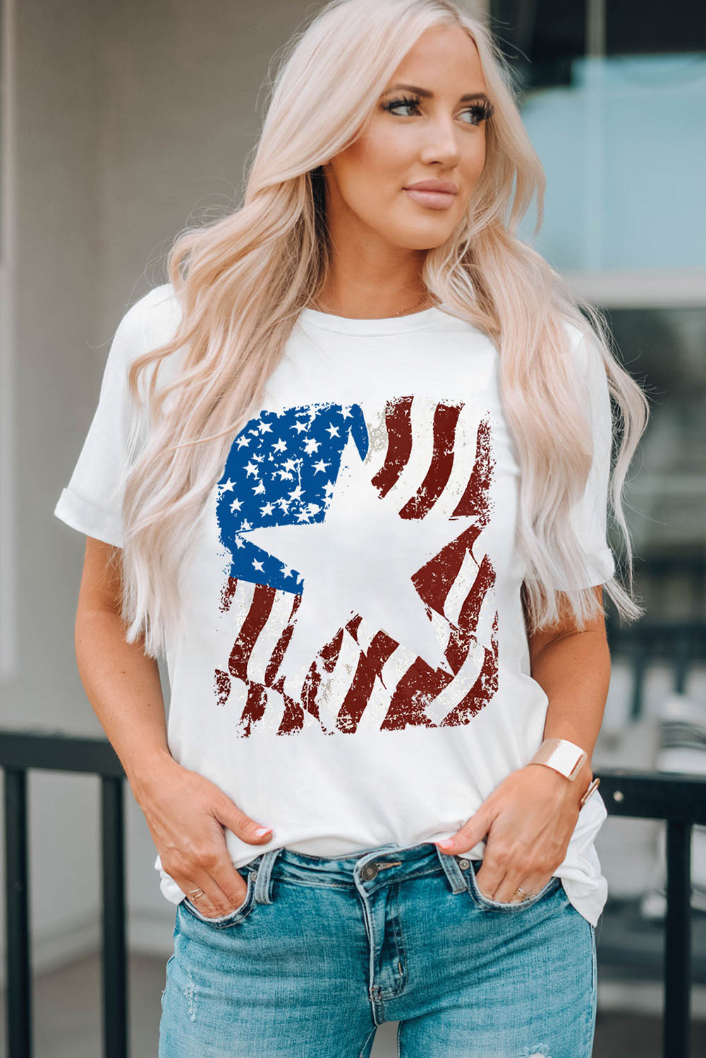 US Flag Graphic Round Neck Tee featuring a vibrant flag design, short sleeves, and a comfortable round neckline.