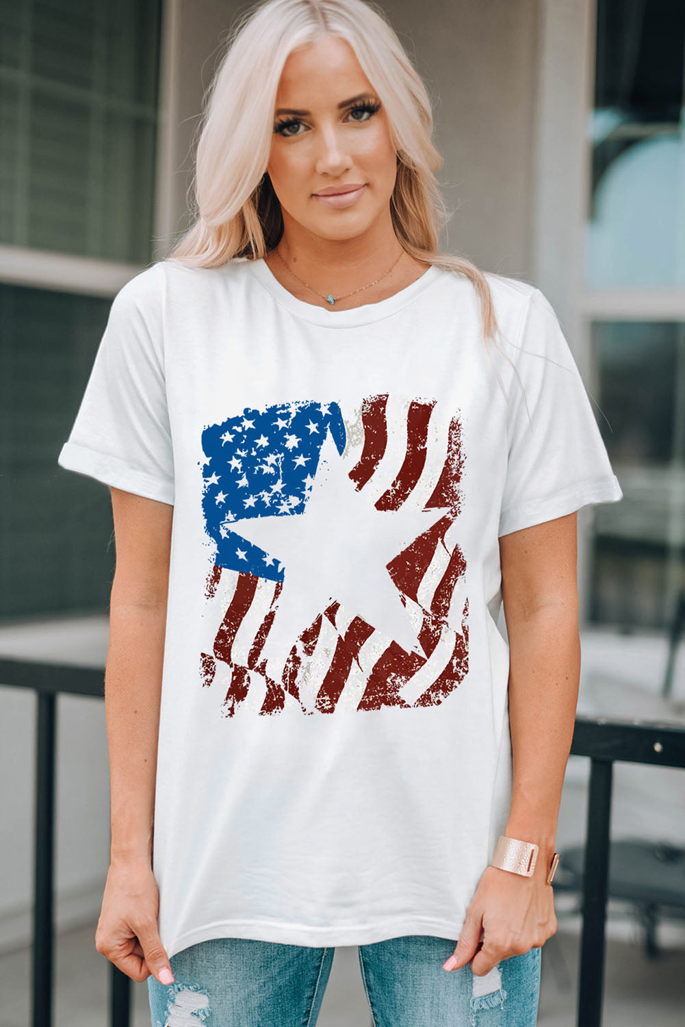 US Flag Graphic Round Neck Tee featuring a vibrant flag design, short sleeves, and a comfortable round neckline.