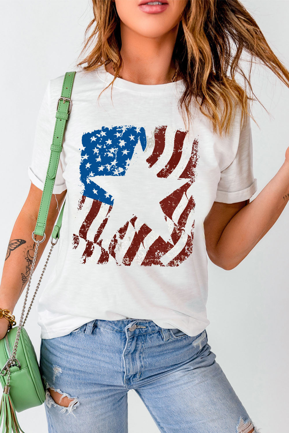 US Flag Graphic Round Neck Tee featuring a vibrant flag design, short sleeves, and a comfortable round neckline.