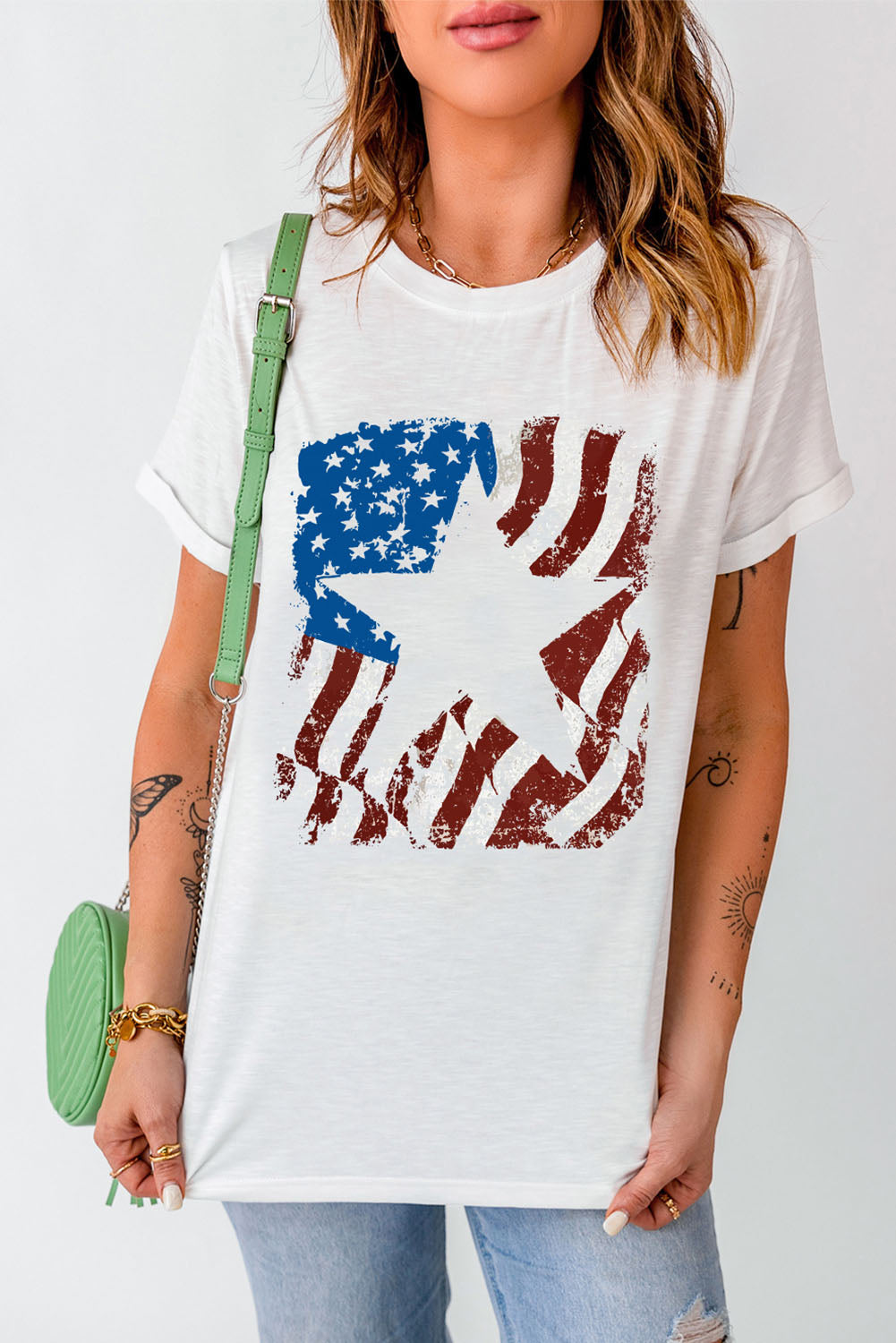 US Flag Graphic Round Neck Tee featuring a vibrant flag design, short sleeves, and a comfortable round neckline.